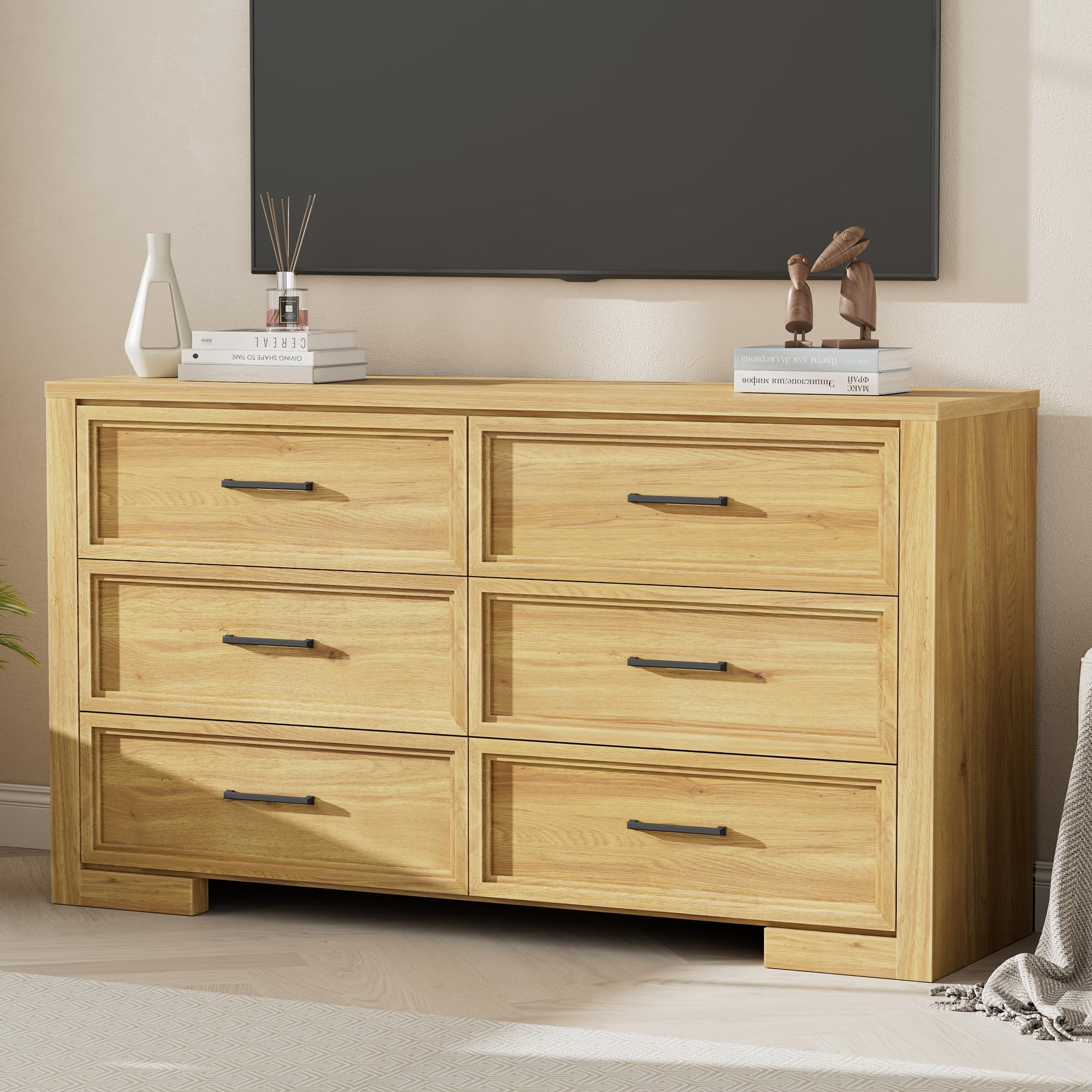 6 Drawer Dresser with Metal Handle - Natural Oak