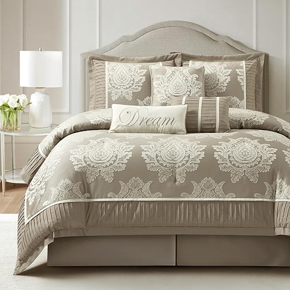 King Size Jacquard Damask Comforter Set 7 Pieces