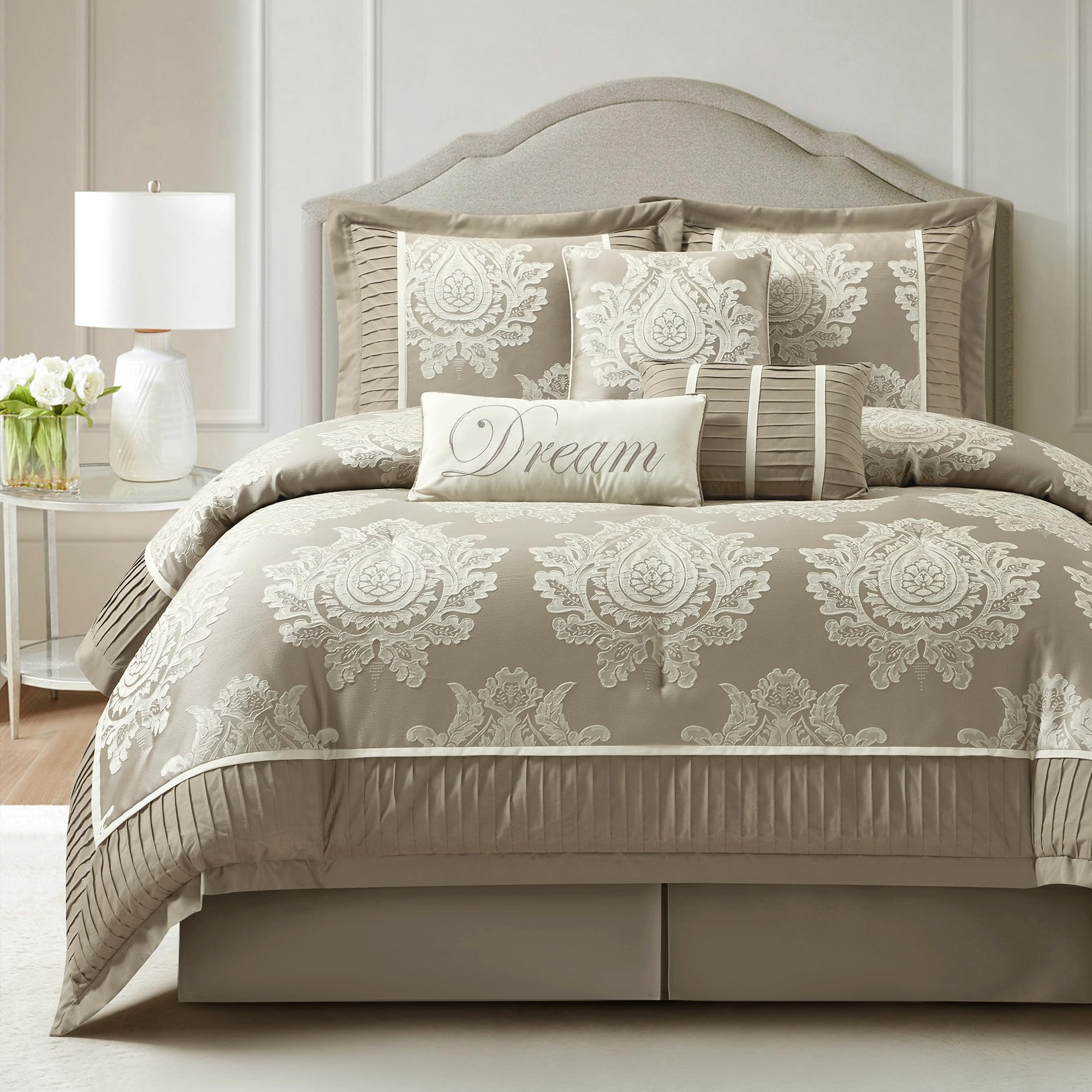 King Size Jacquard Damask Comforter Set 7 Pieces