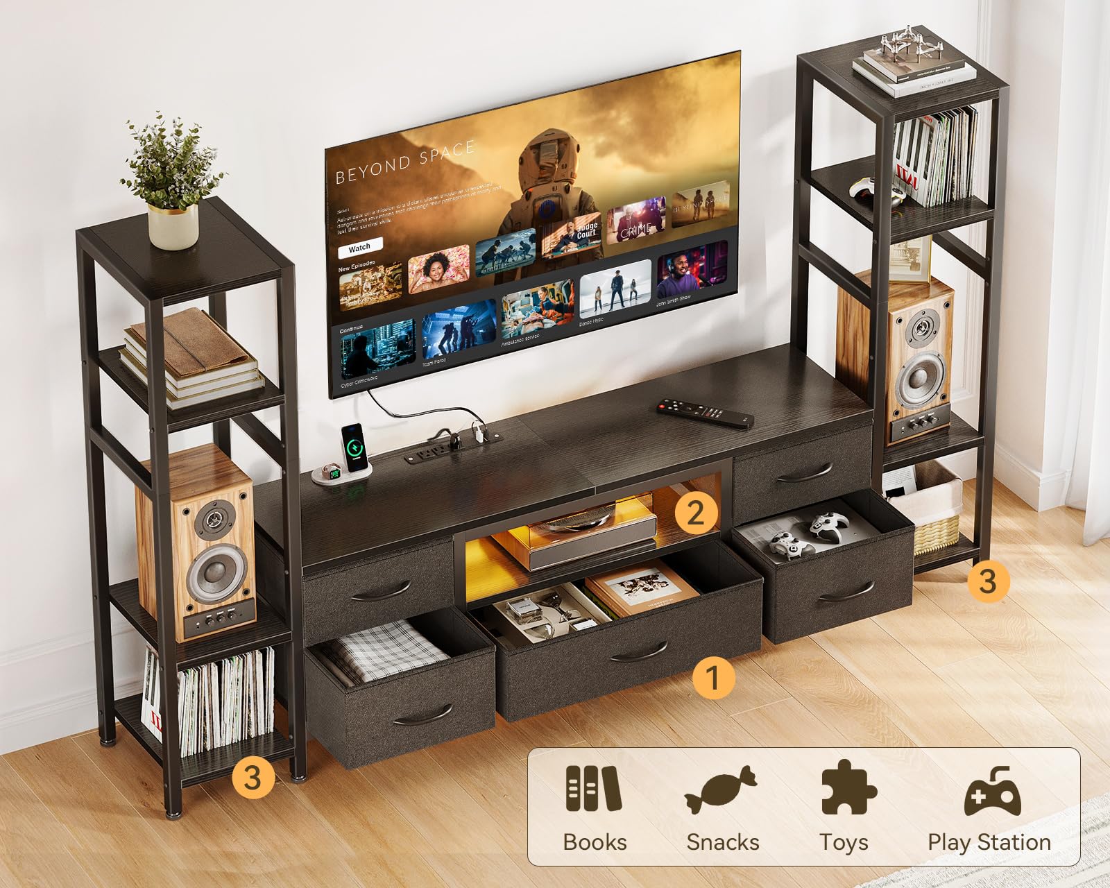 71" TV Stand with LED Lights & 5 Drawers