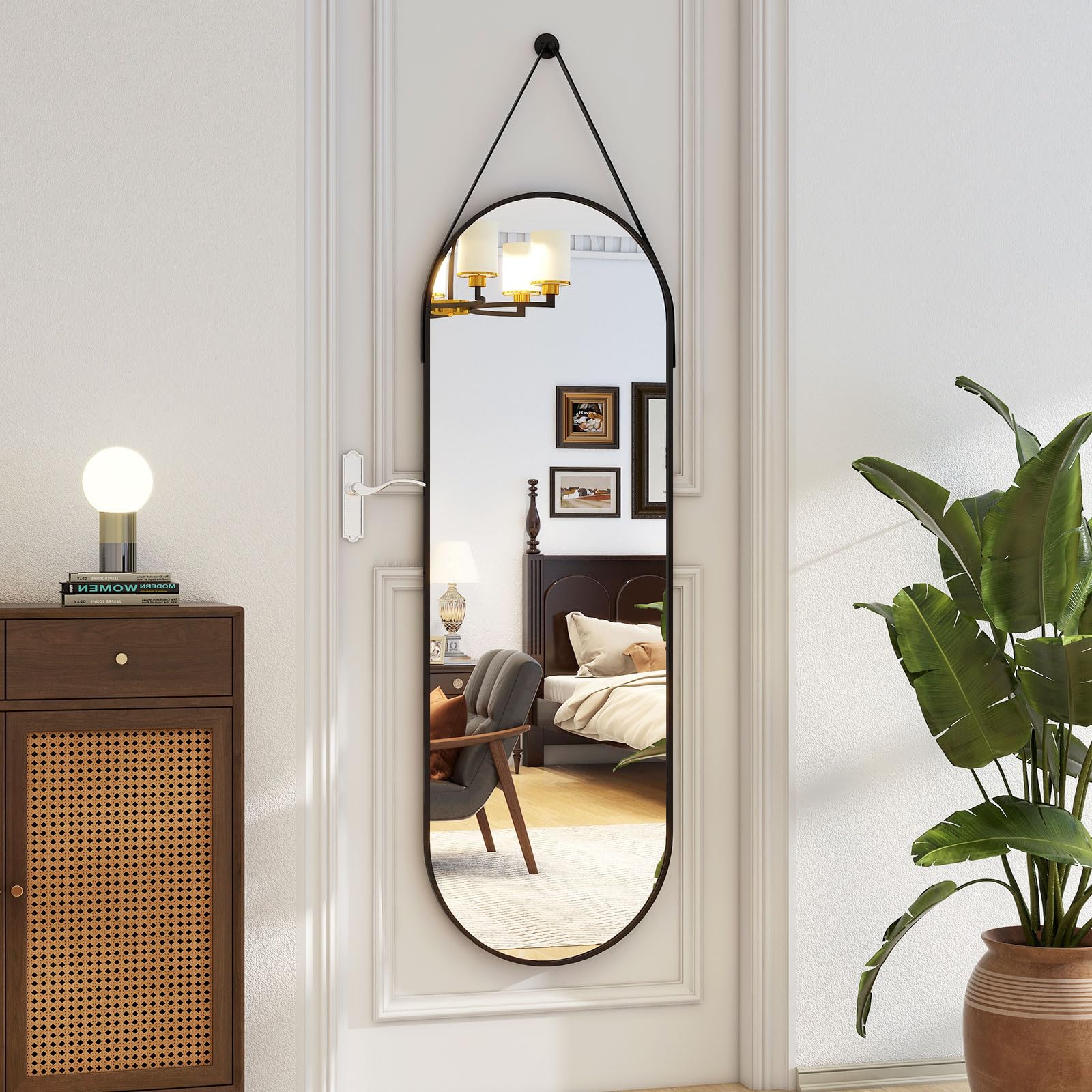 Full Length Oval Wall Mirror 16x48 with Leather Hanging Strap