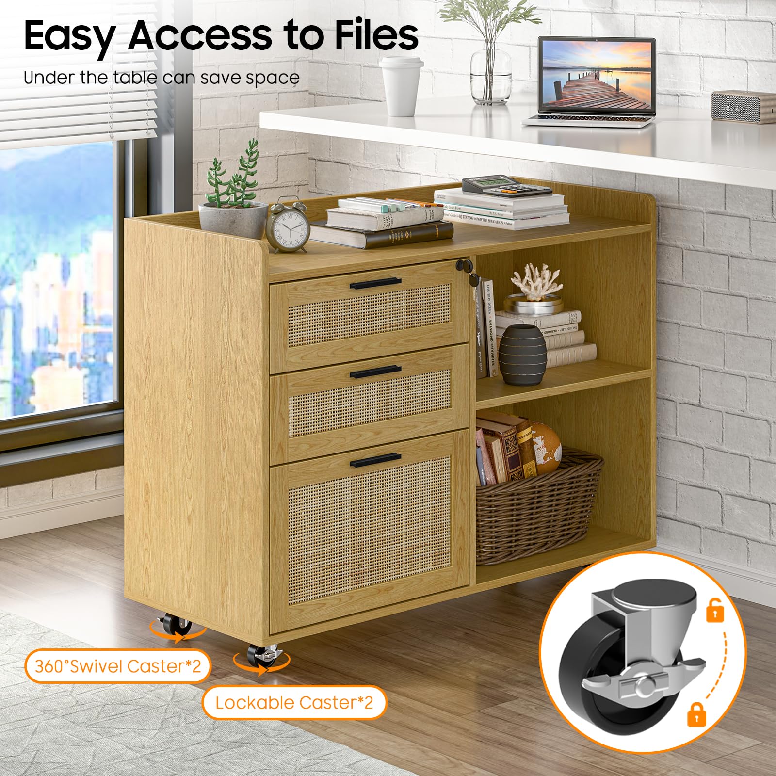 3 Drawer Rattan File Cabinet with Lock