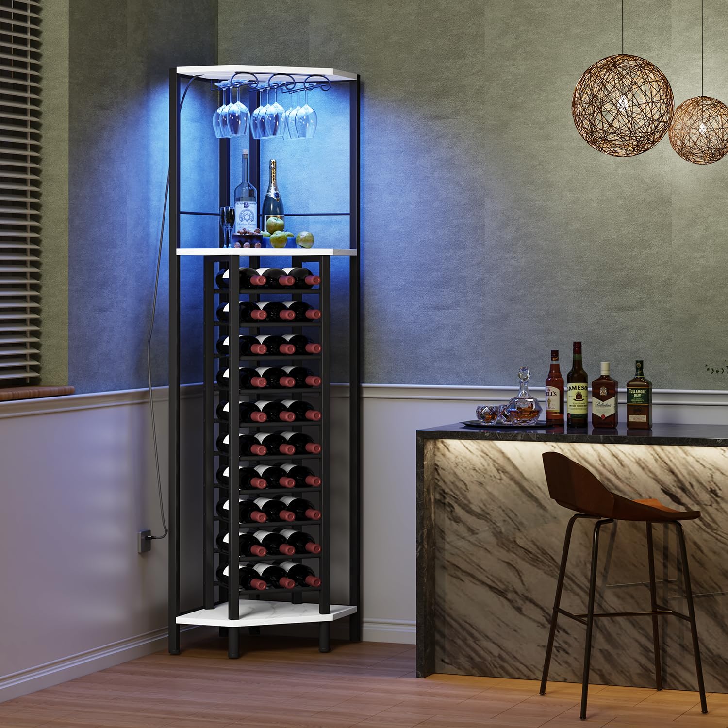 Corner Wine Rack with Glass Holder and LED Light