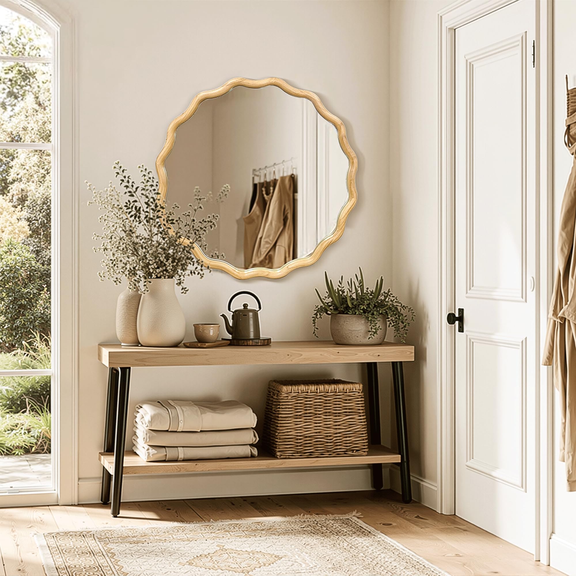 24" Wavy Round Wood Mirror