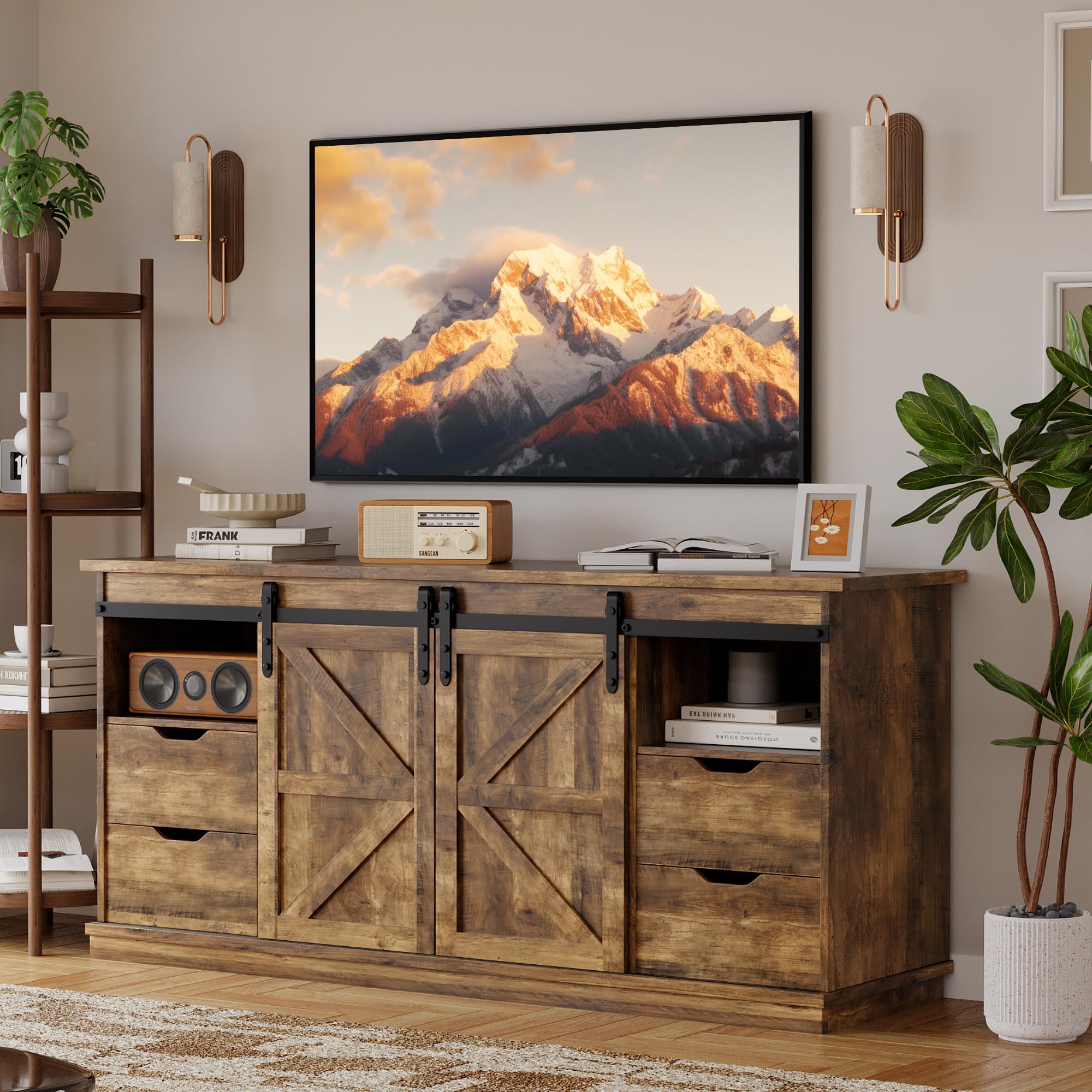 Farmhouse TV Stand for 65 Inch TV with Sliding Barn Doors
