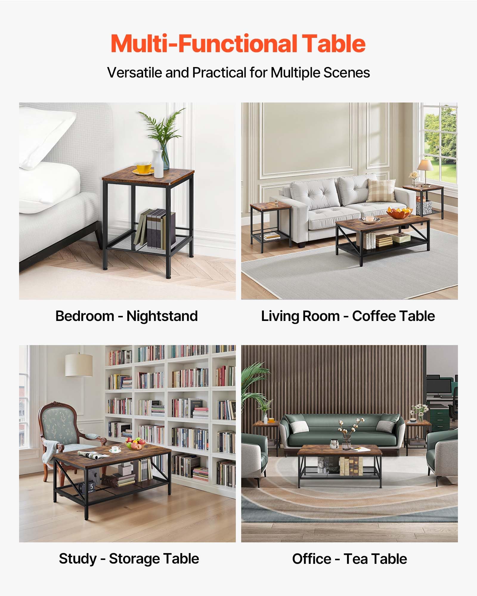 3-Piece Industrial Coffee Table Set with End Tables