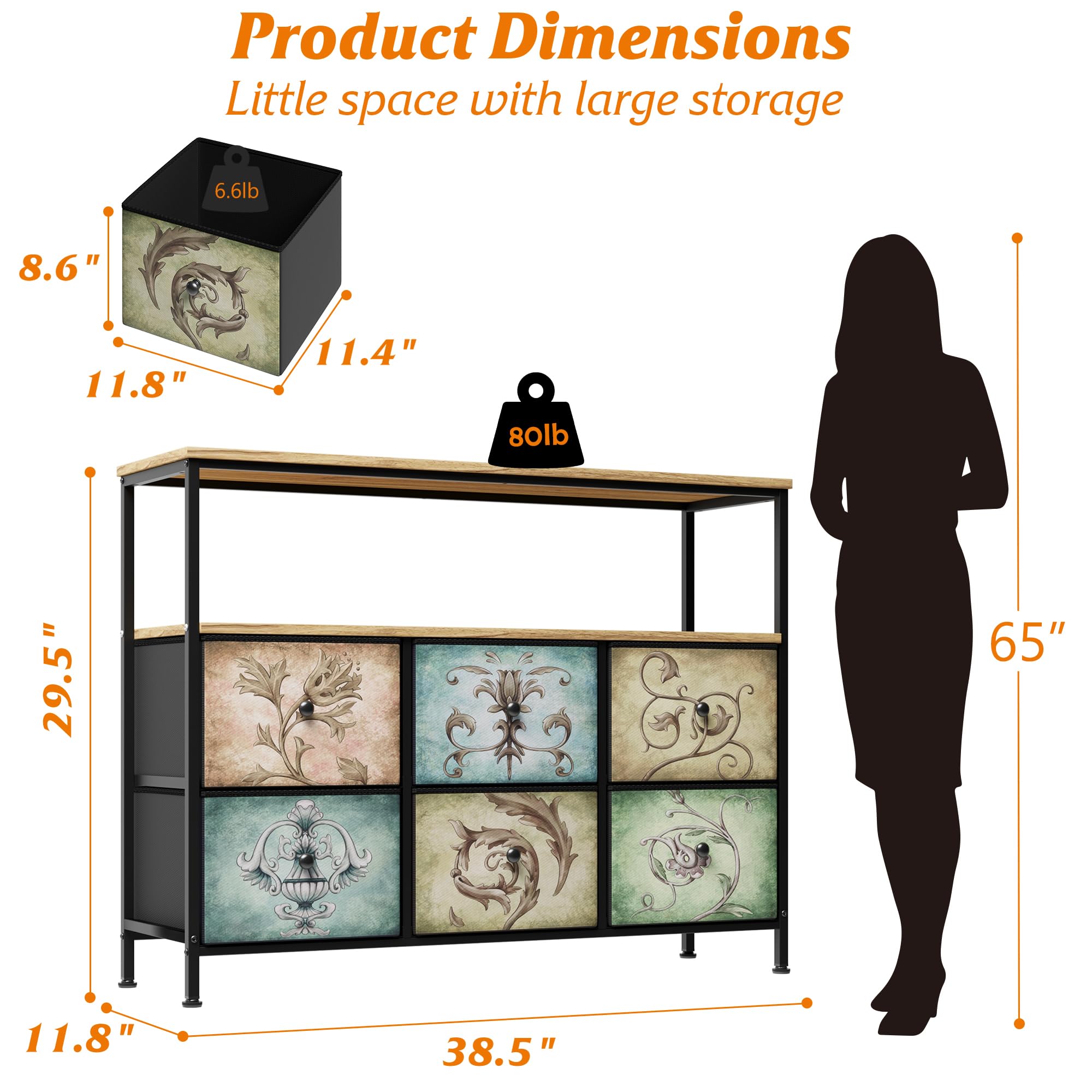 6 Drawer Fabric Dresser with Wooden Top