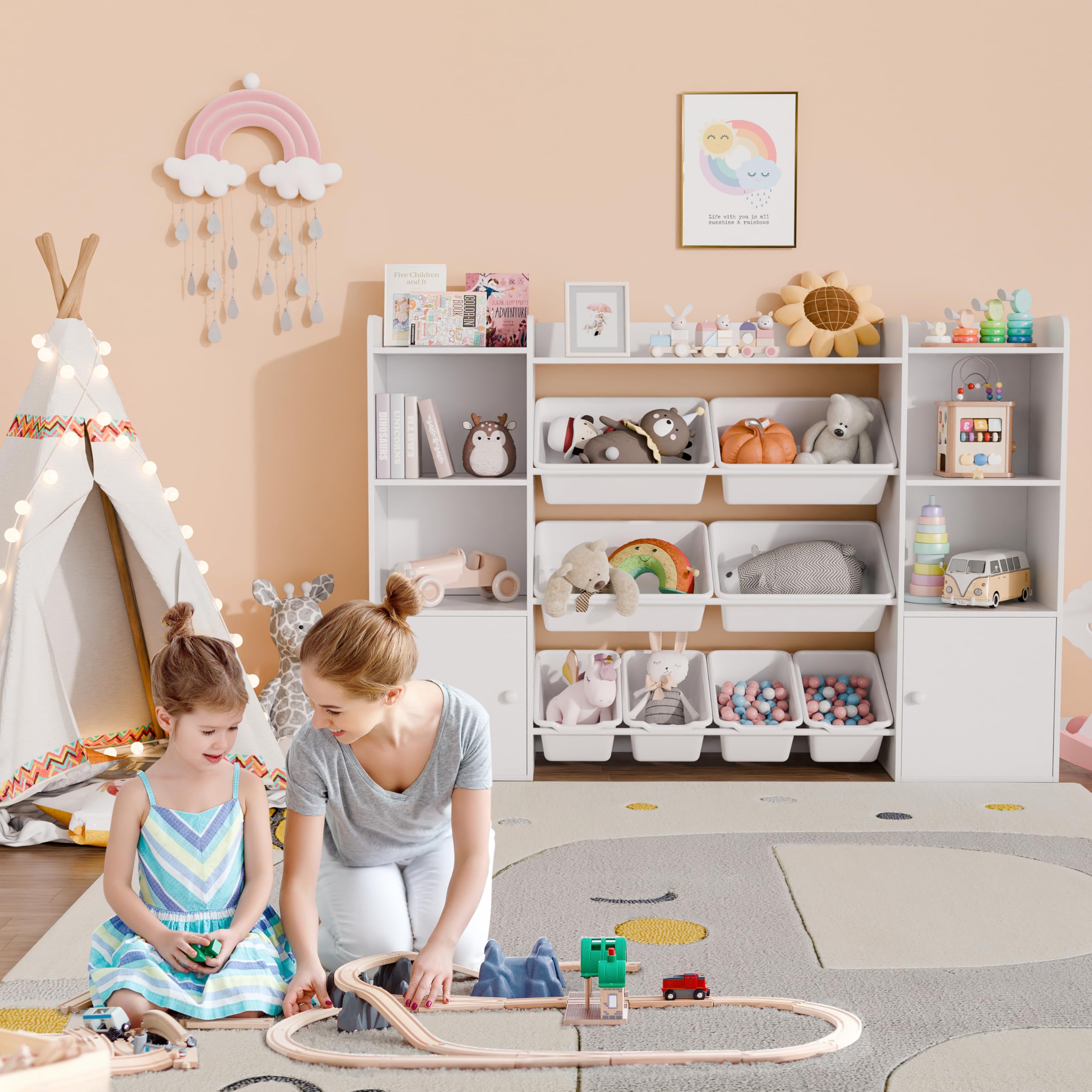 Kids Toy Storage Organizer with 8 Bins and 4-Tier Bookshelf