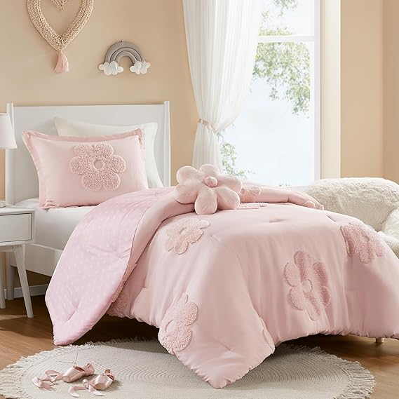 Full/Queen Pink Floral Comforter Set - 4 Piece Reversible Bedding