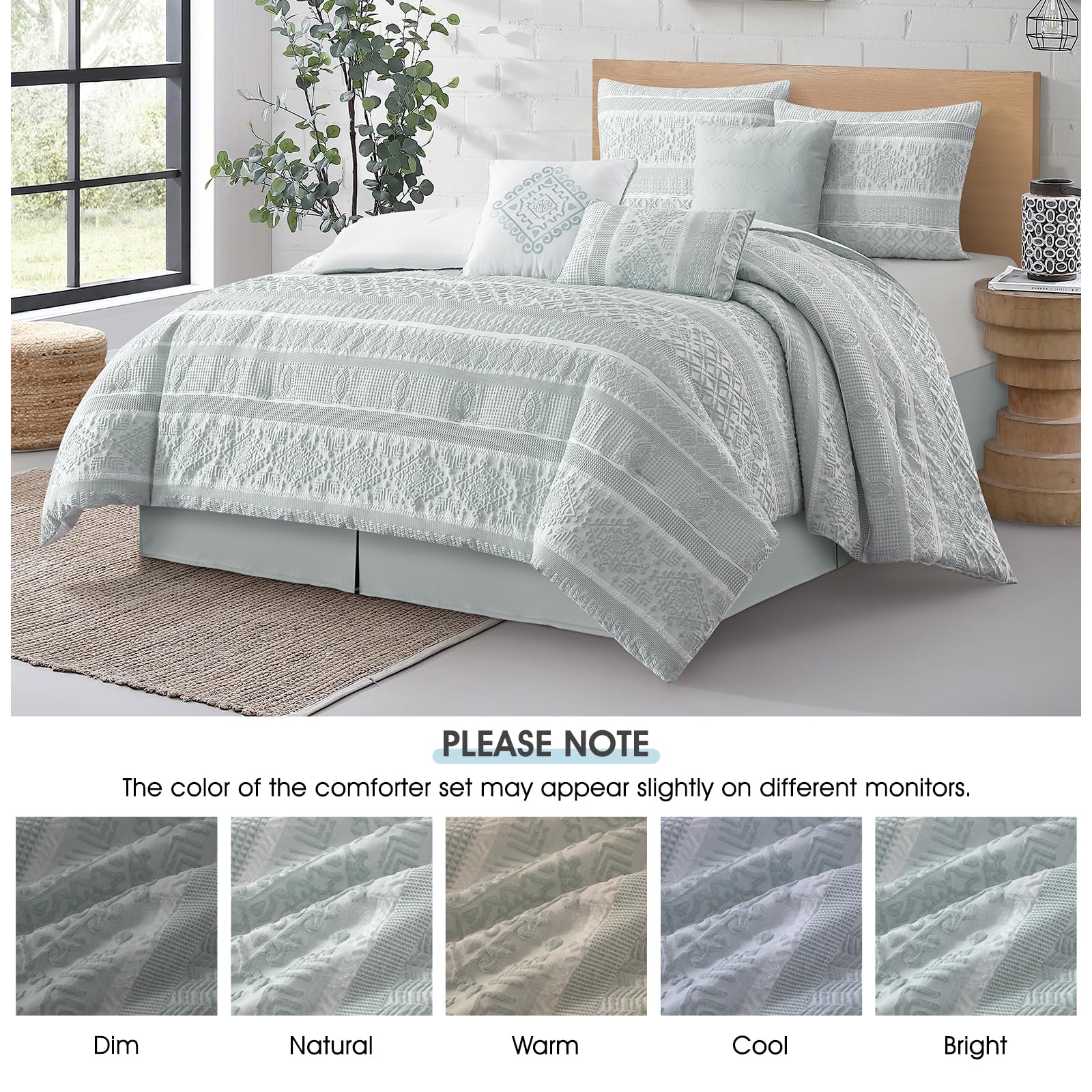 7 Piece Queen Comforter Set Dusty Green Jacquard Patchwork