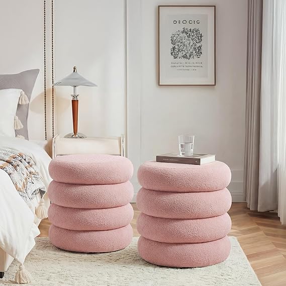 Round Storage Ottoman with Sherpa Fabric
