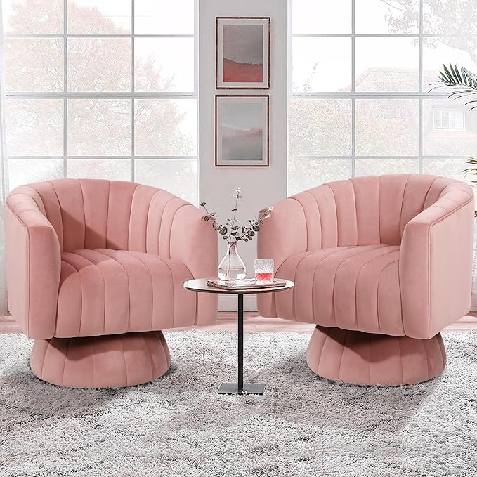 Velvet Pink Swivel Accent Chair with 360° Rotation
