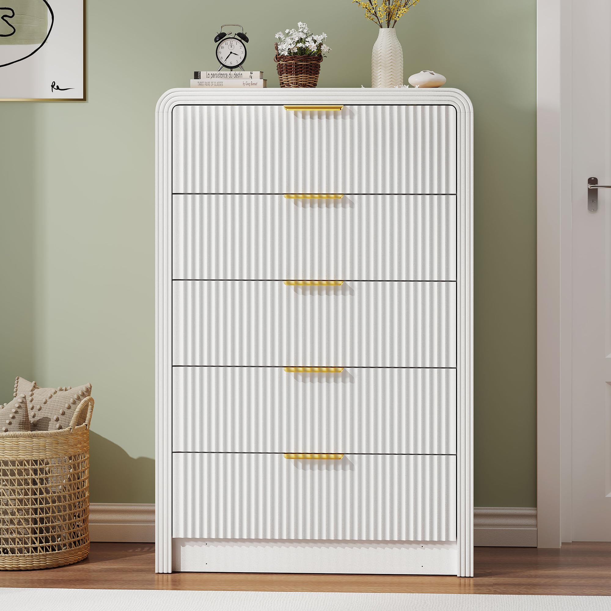 Fluted 5 Drawer Dresser 48 Inch Tall White