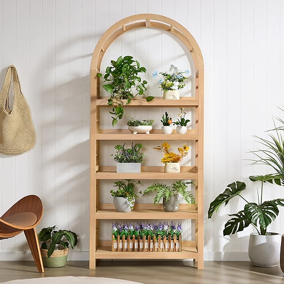 5-Tier Arched Bookshelf with Solid Wood Frame