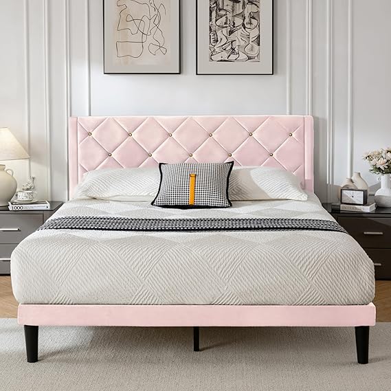 Queen Platform Bed Frame with Velvet Upholstered Headboard