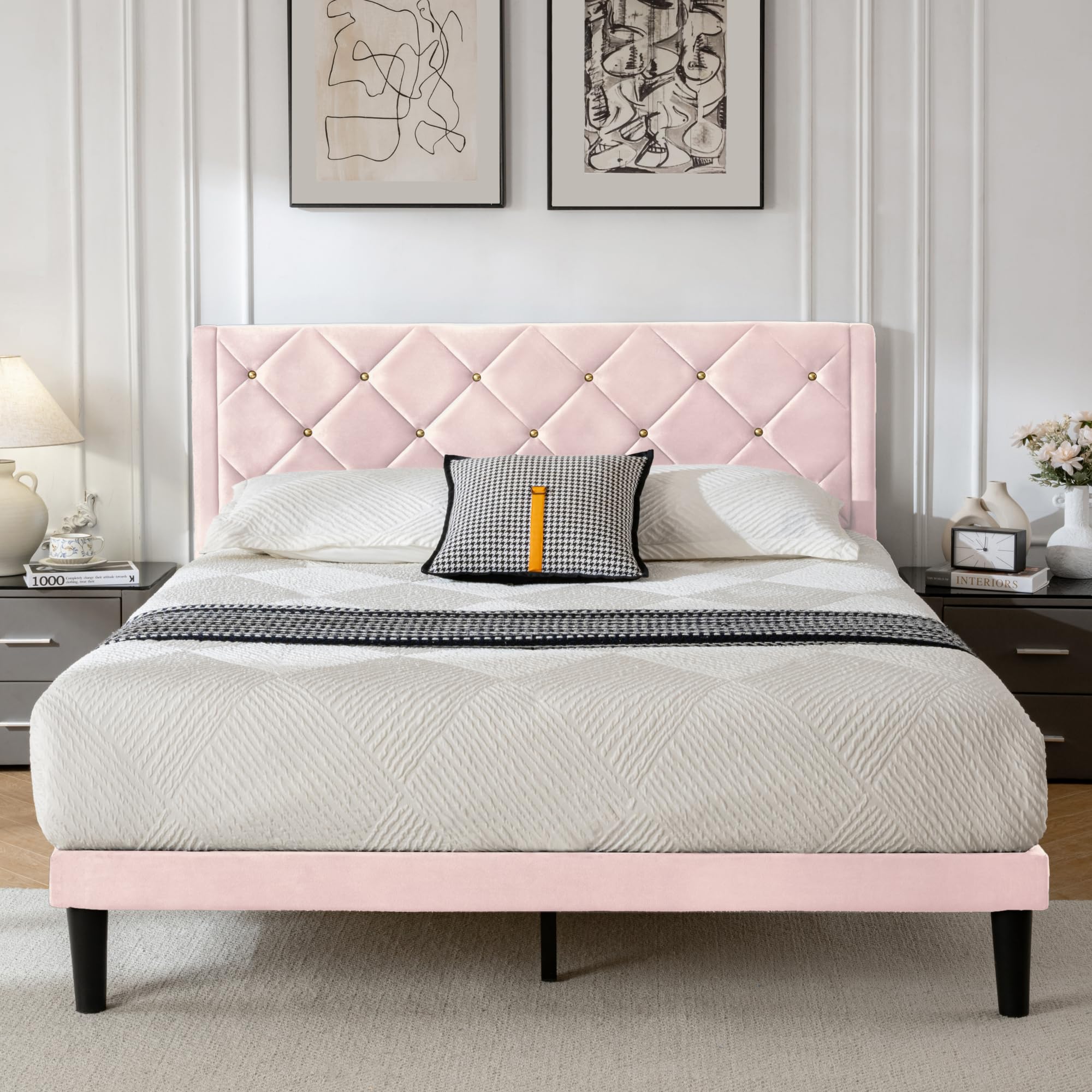 Queen Platform Bed Frame with Velvet Upholstered Headboard