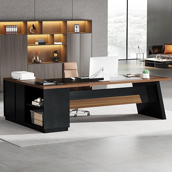 78-Inch L-Shaped Executive Desk with Drawers and File Cabinet