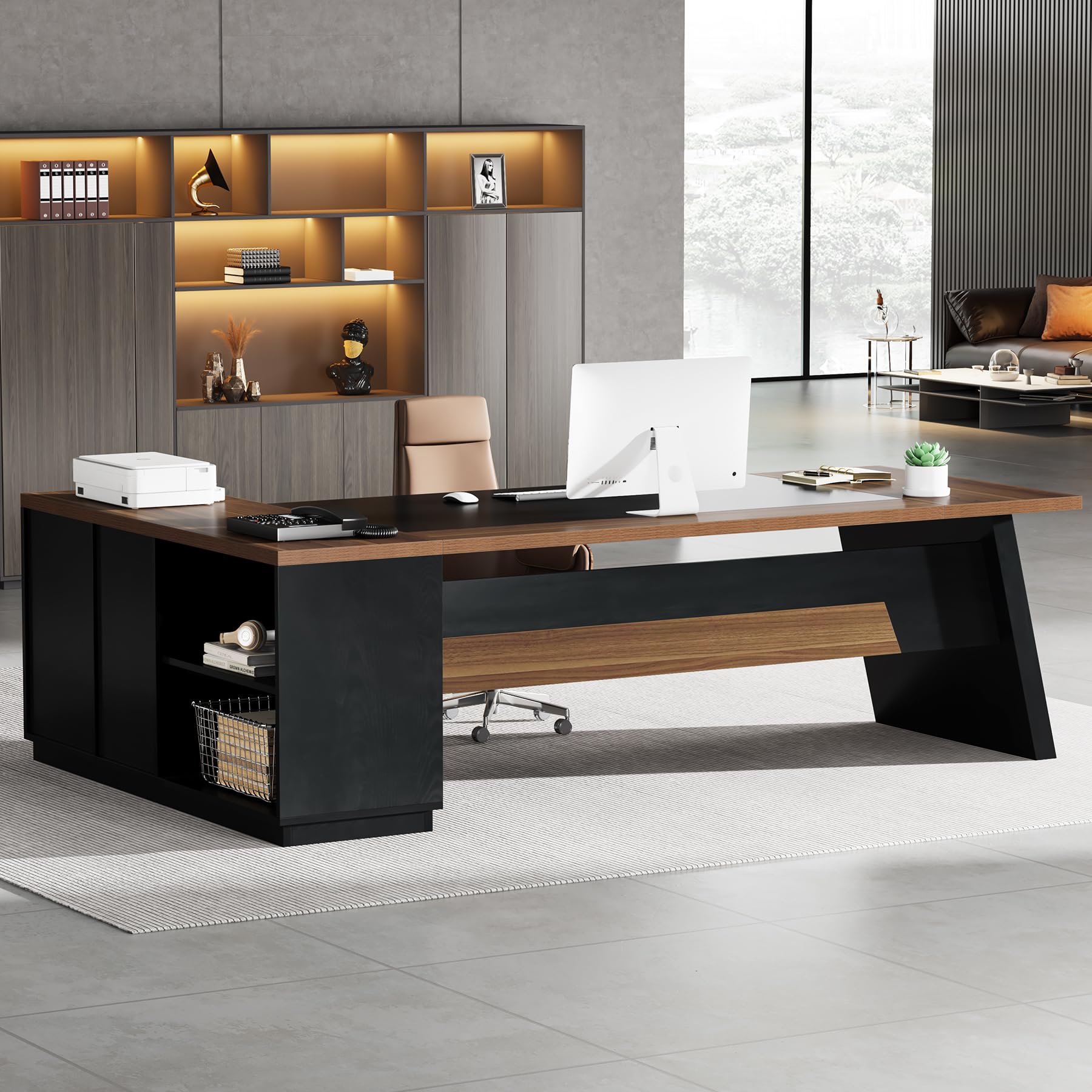 78-Inch L-Shaped Executive Desk with File Cabinet and Storage
