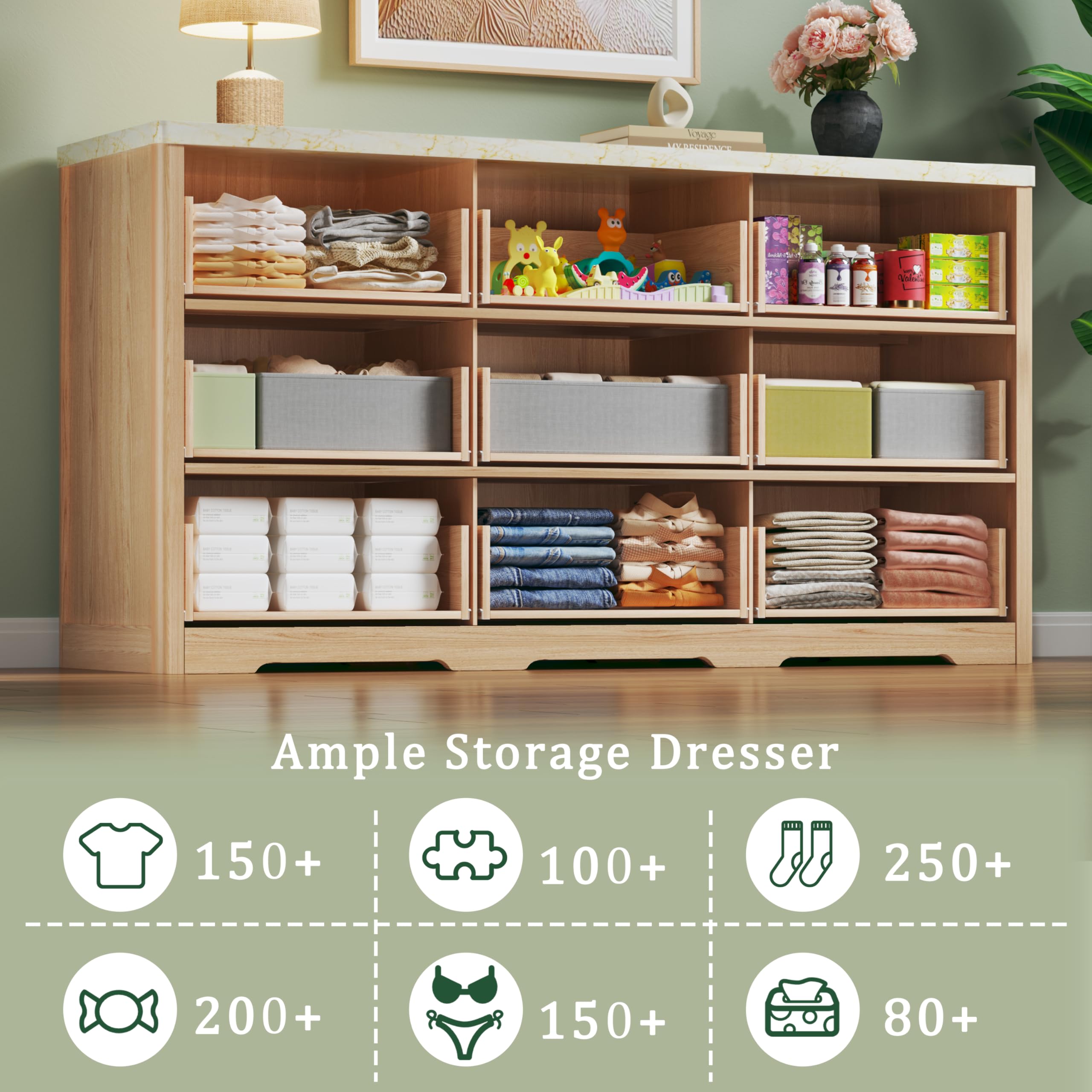 9 Drawer Fluted Dresser with Faux Marble Top
