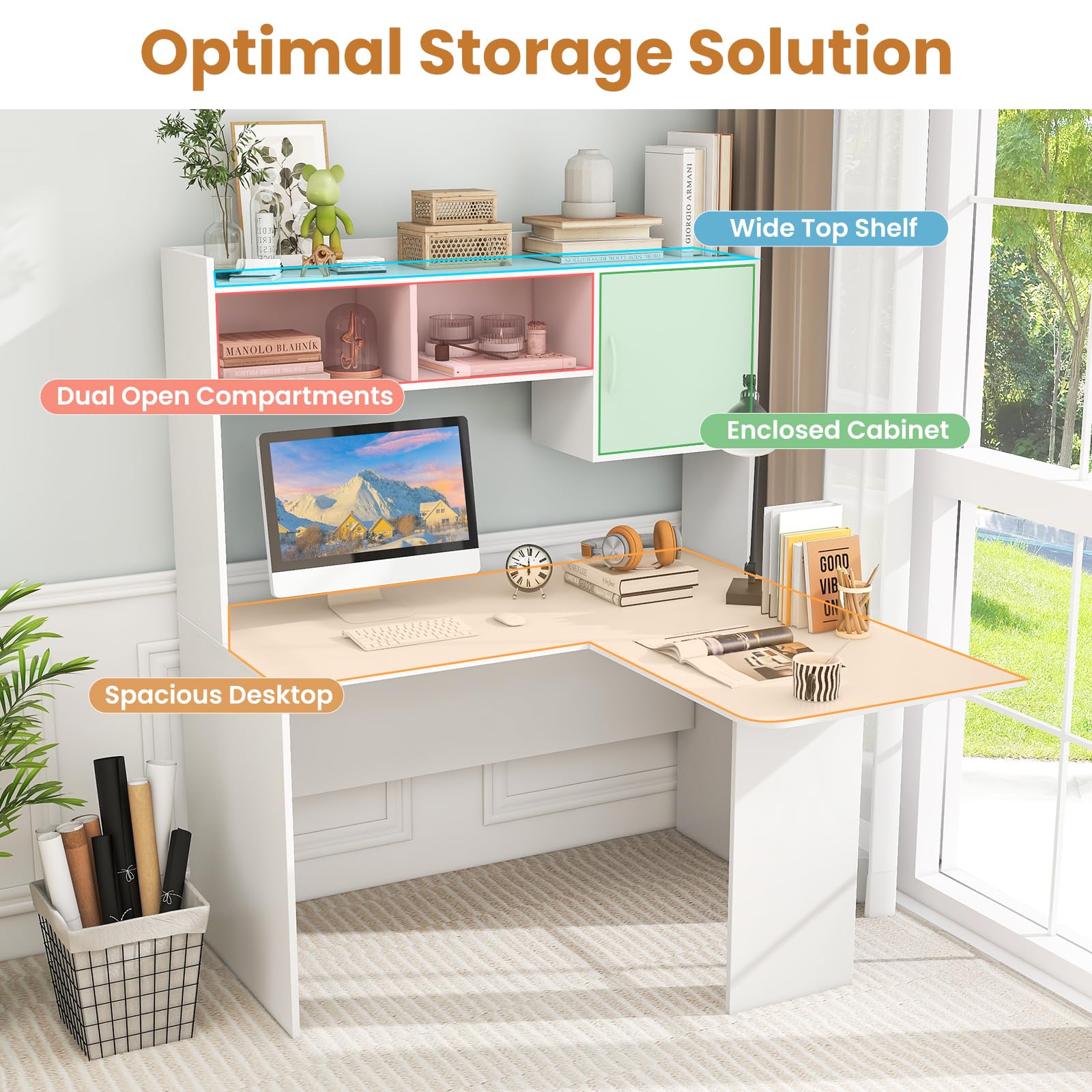 L-Shaped Corner Desk with Hutch and Storage Cabinet