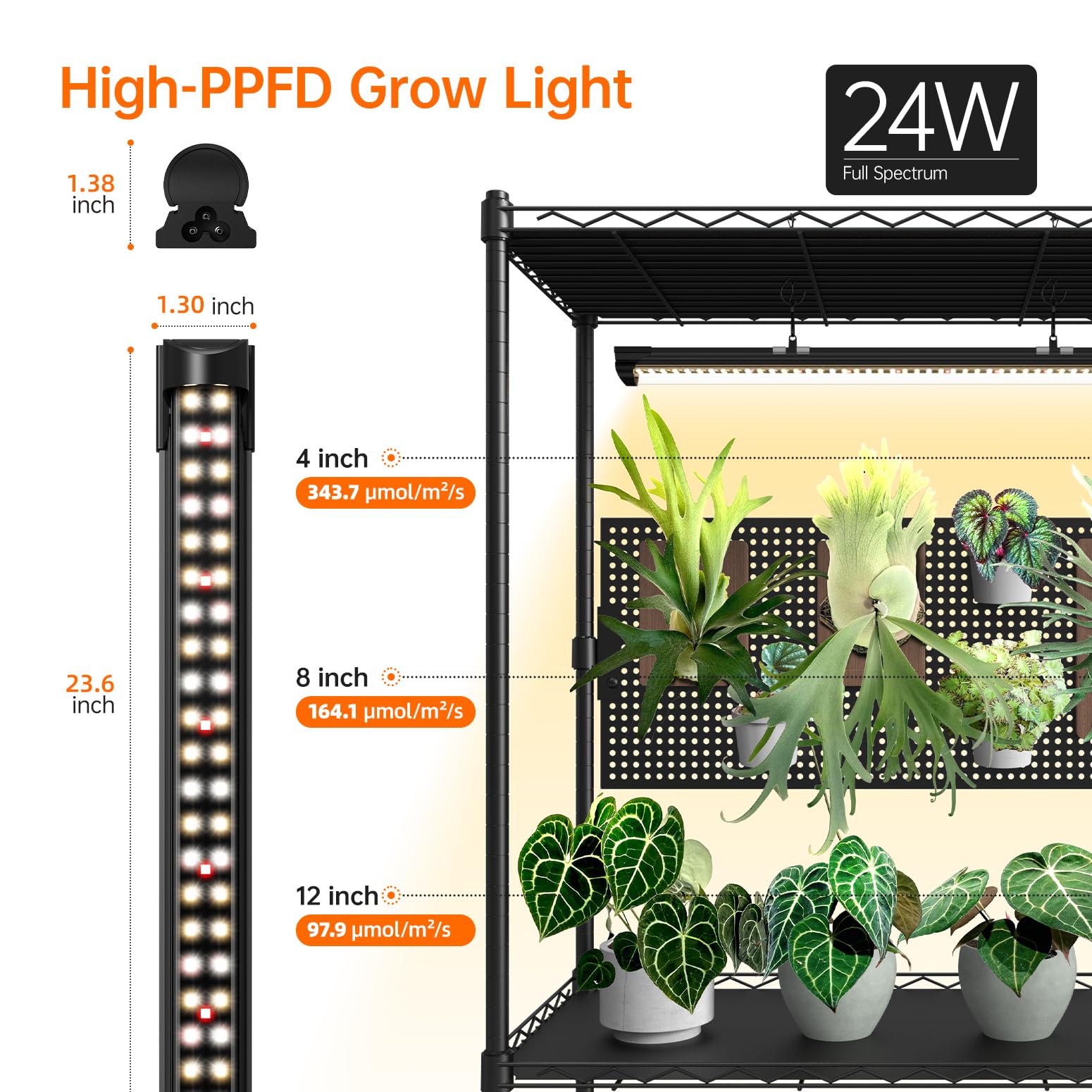 3-Tier Plant Shelf with Grow Lights and Pegboard