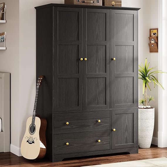 3 Doors Wooden Wardrobe Closet with Pull Out Pants Rack