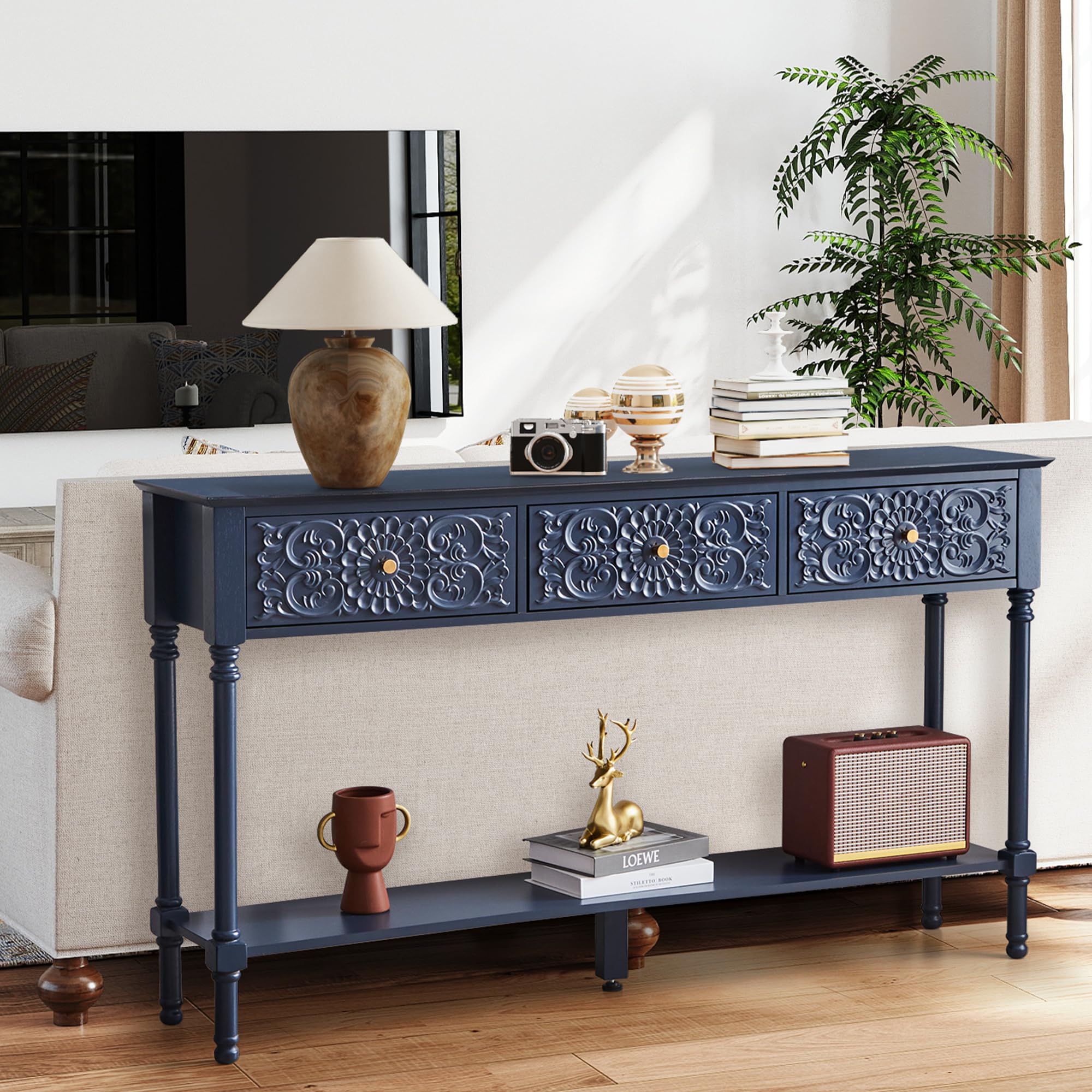 55.5" Carved Console Table with 3 Drawers