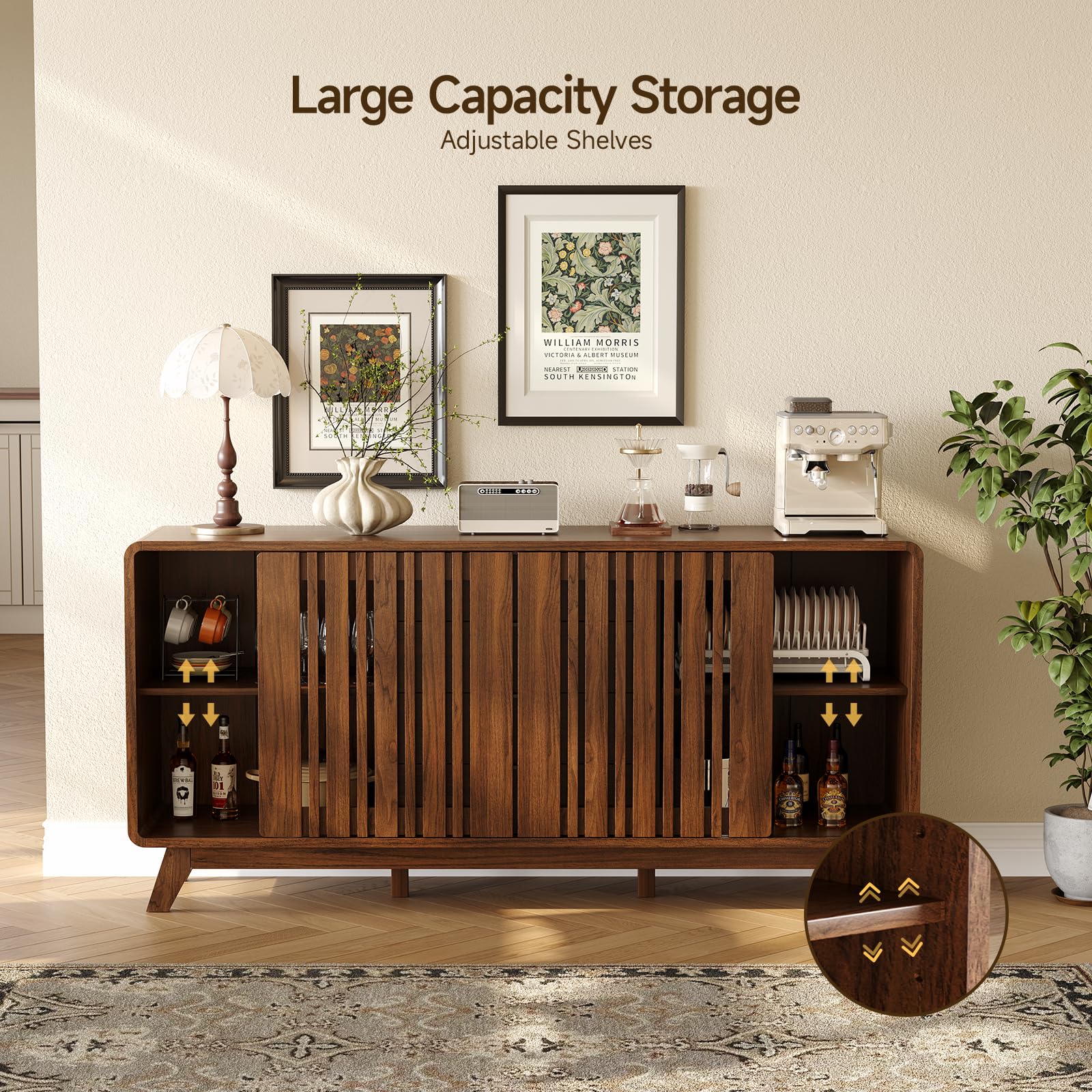 Mid Century Sideboard Buffet Cabinet with Sliding Doors
