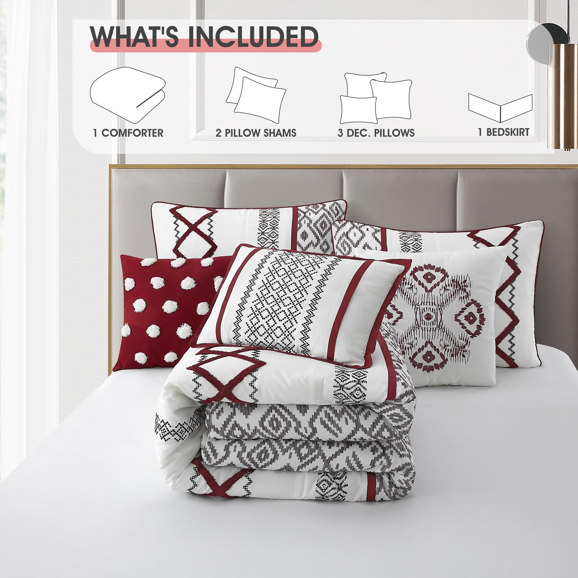 King Comforter Set 7 Pieces White Red Geometric Embroidered