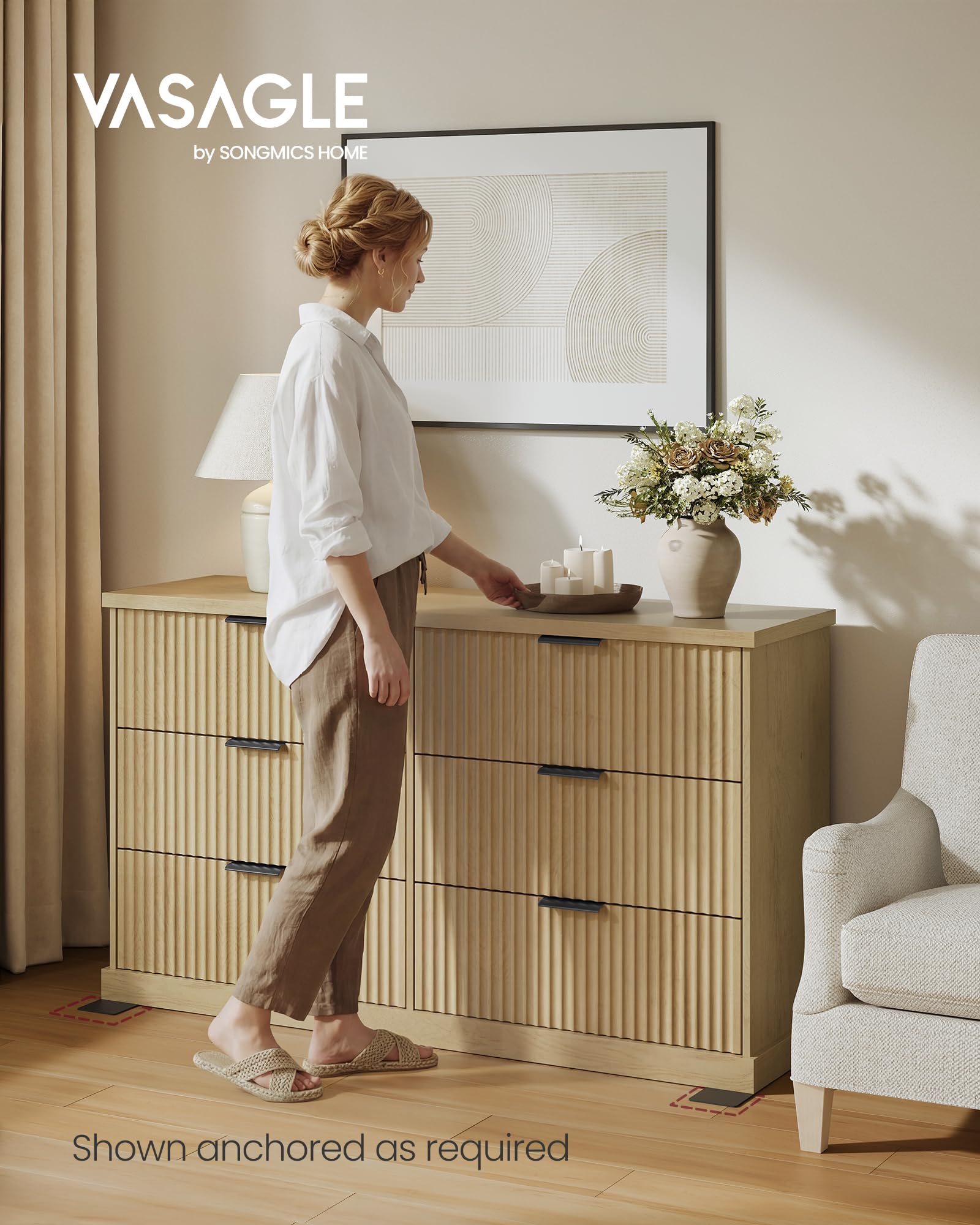 6-Drawer Wide Dresser with Fluted Panels