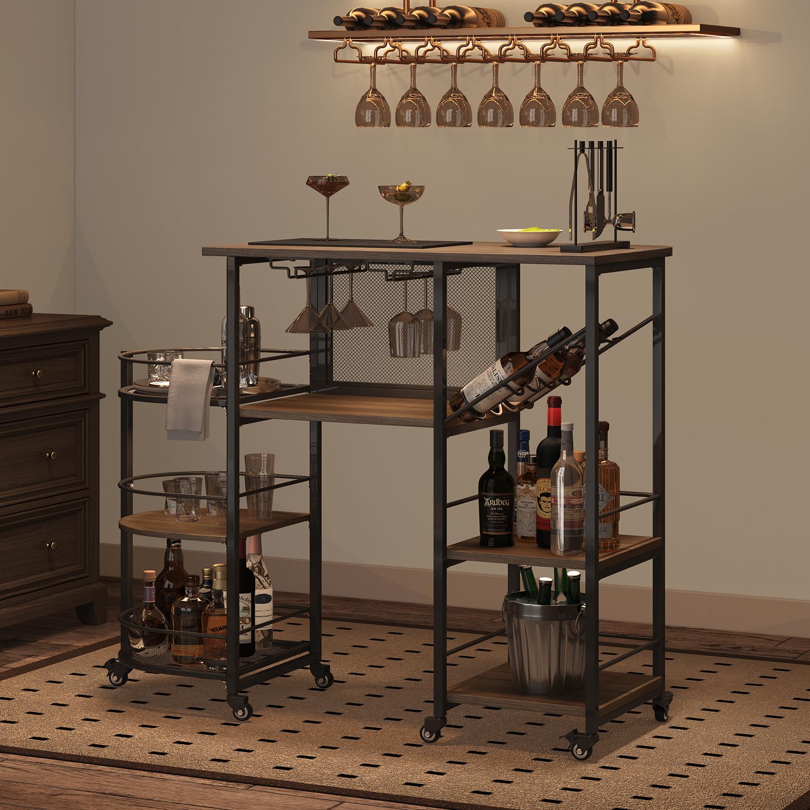 Bar Cart with Wine Rack and Glass Holder