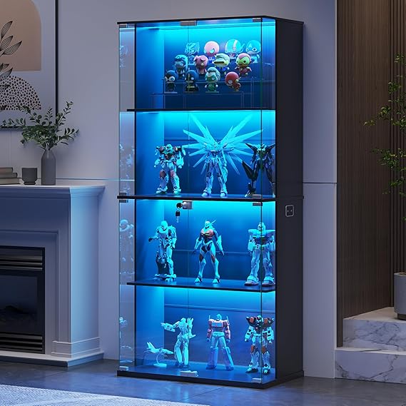 Glass Display Cabinet with LED Lights 4-Tier Curio Display Case with Lock