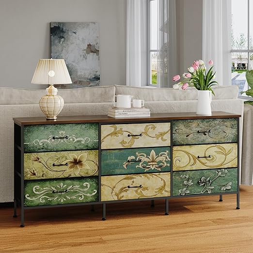 9-Drawer Fabric Dresser with Retro Floral Pattern