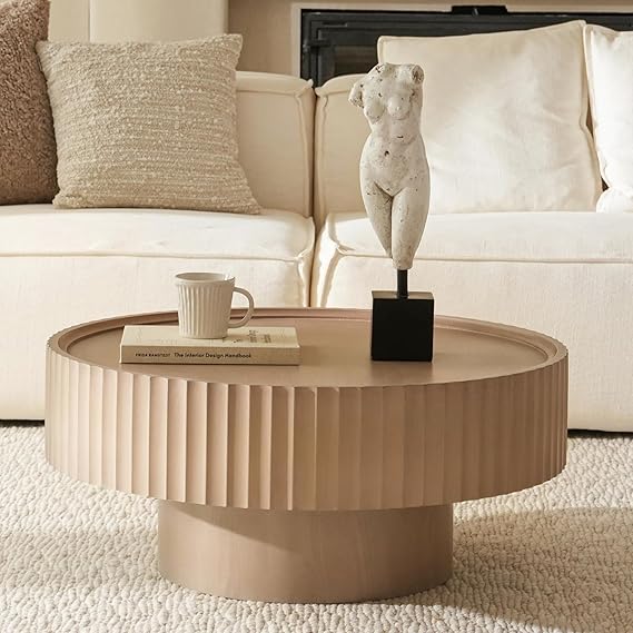 FAME HOME Round Coffee Table, 30.3” Fluted Drum Modern Living Room Table, Circle Wood Gray Center Tables with Storage, Accent Mushroom Shape Coffee Tables for Living Room, Apartment(30.3''L×13.7''H)