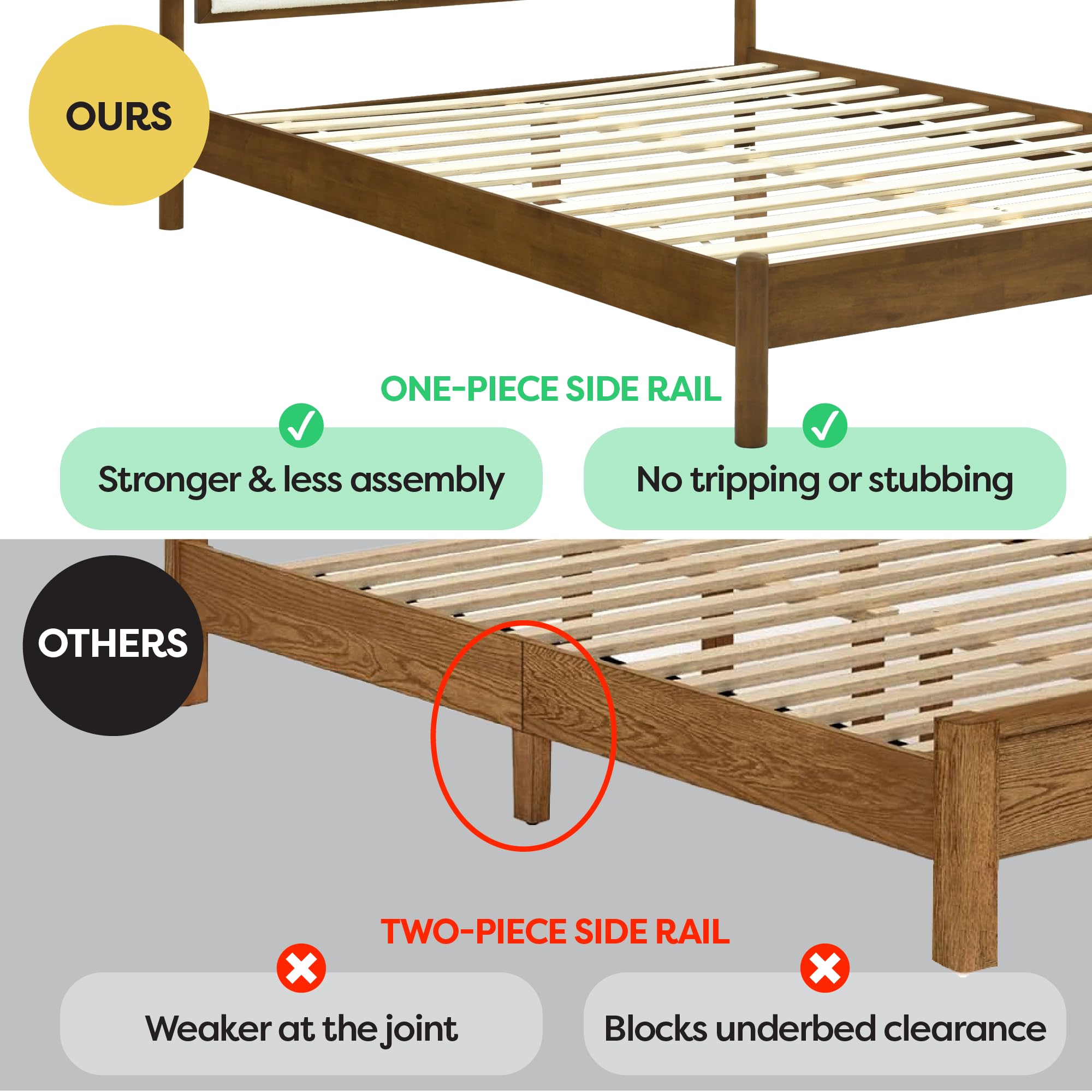 Queen Solid Wood Bed Frame with Upholstered Boucle Headboard