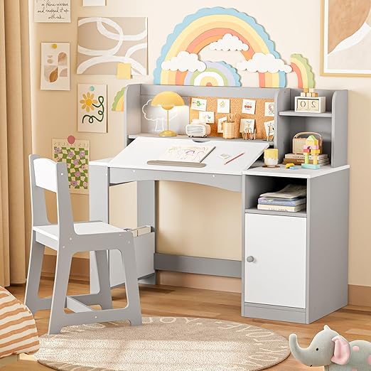 Betterhood Kids Study Desk and Chair Set, Kids Desks with Hutch Storage and Tiltable Desktop, Wooden Children Study Table for 5-12 Years Old Girls, Student Writing Desk for Bedroom (Pink)