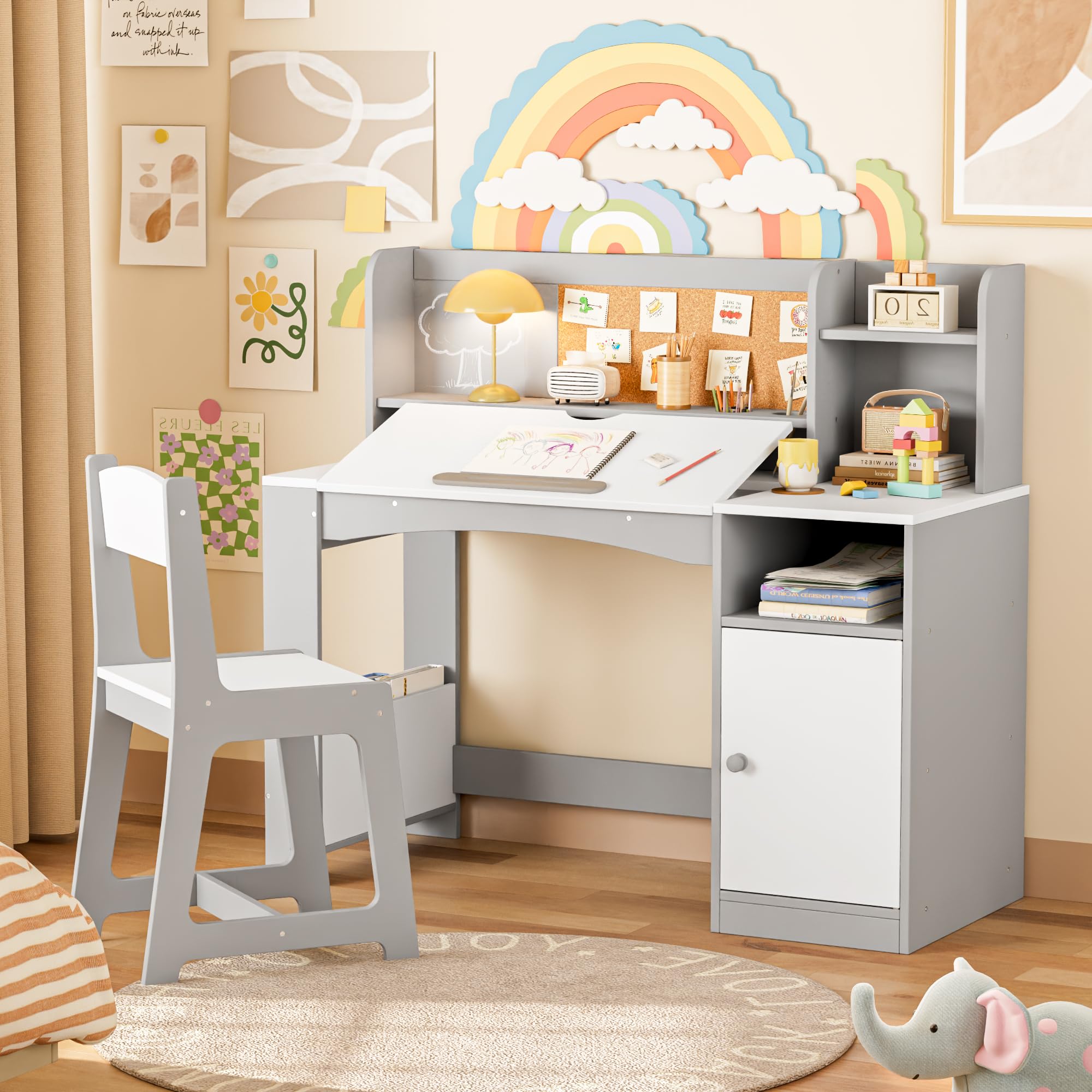 Kids Study Desk and Chair Set with Hutch Storage