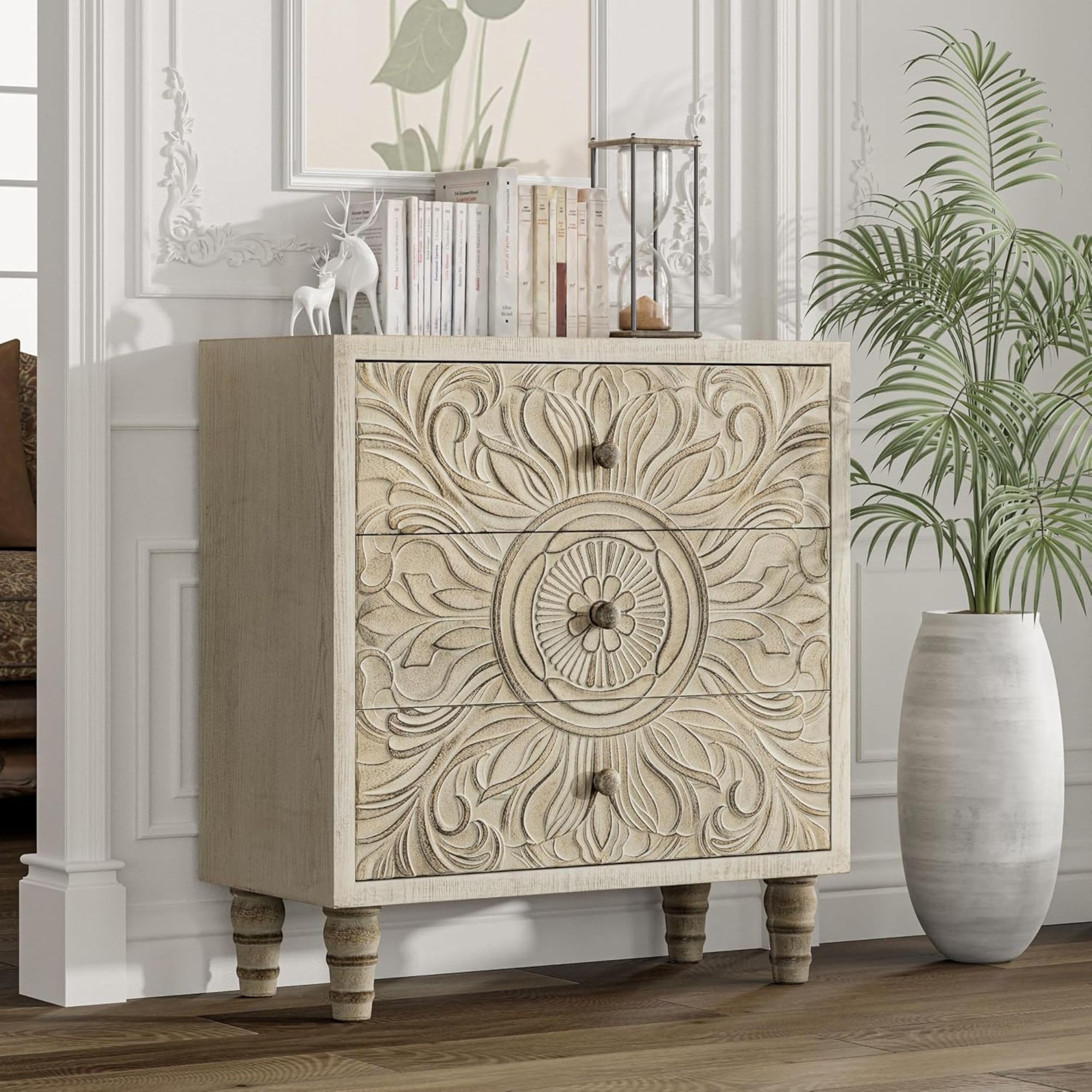 3-Drawer Carved Floral Dresser with Distressed White Finish