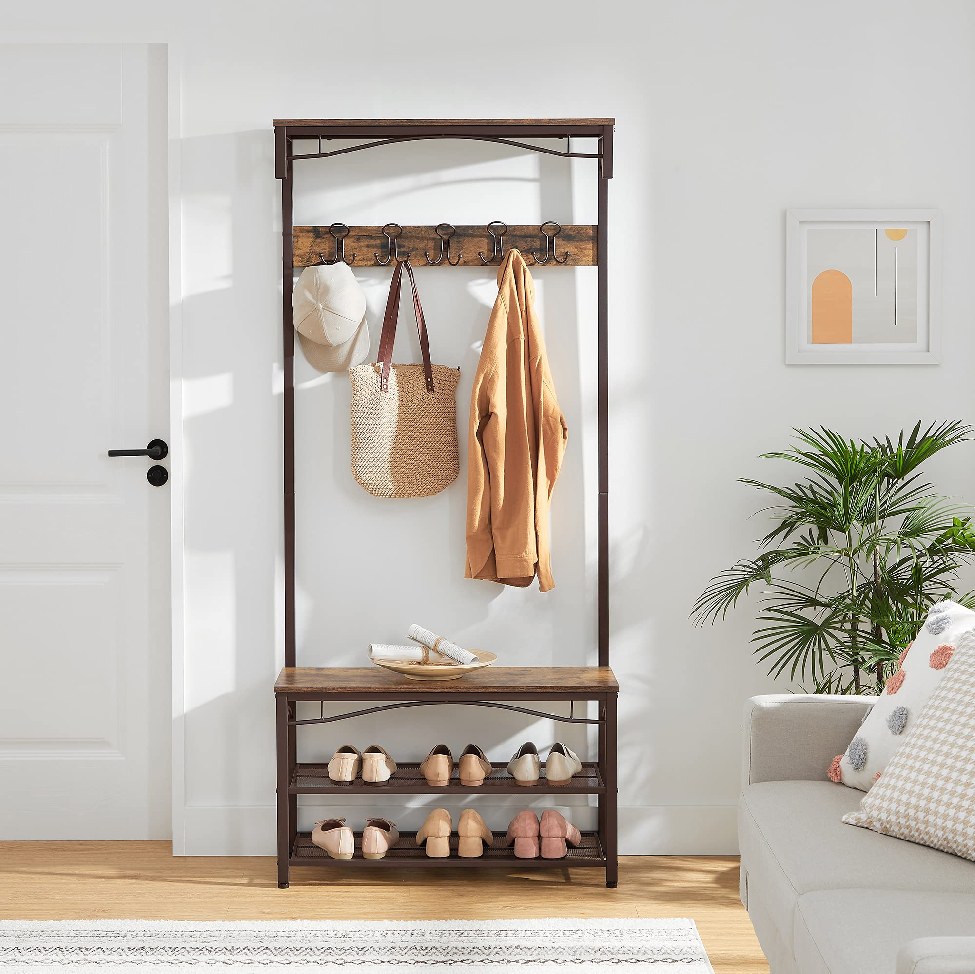 3-in-1 Hall Tree Entryway Bench with Coat Rack and Storage Shelves