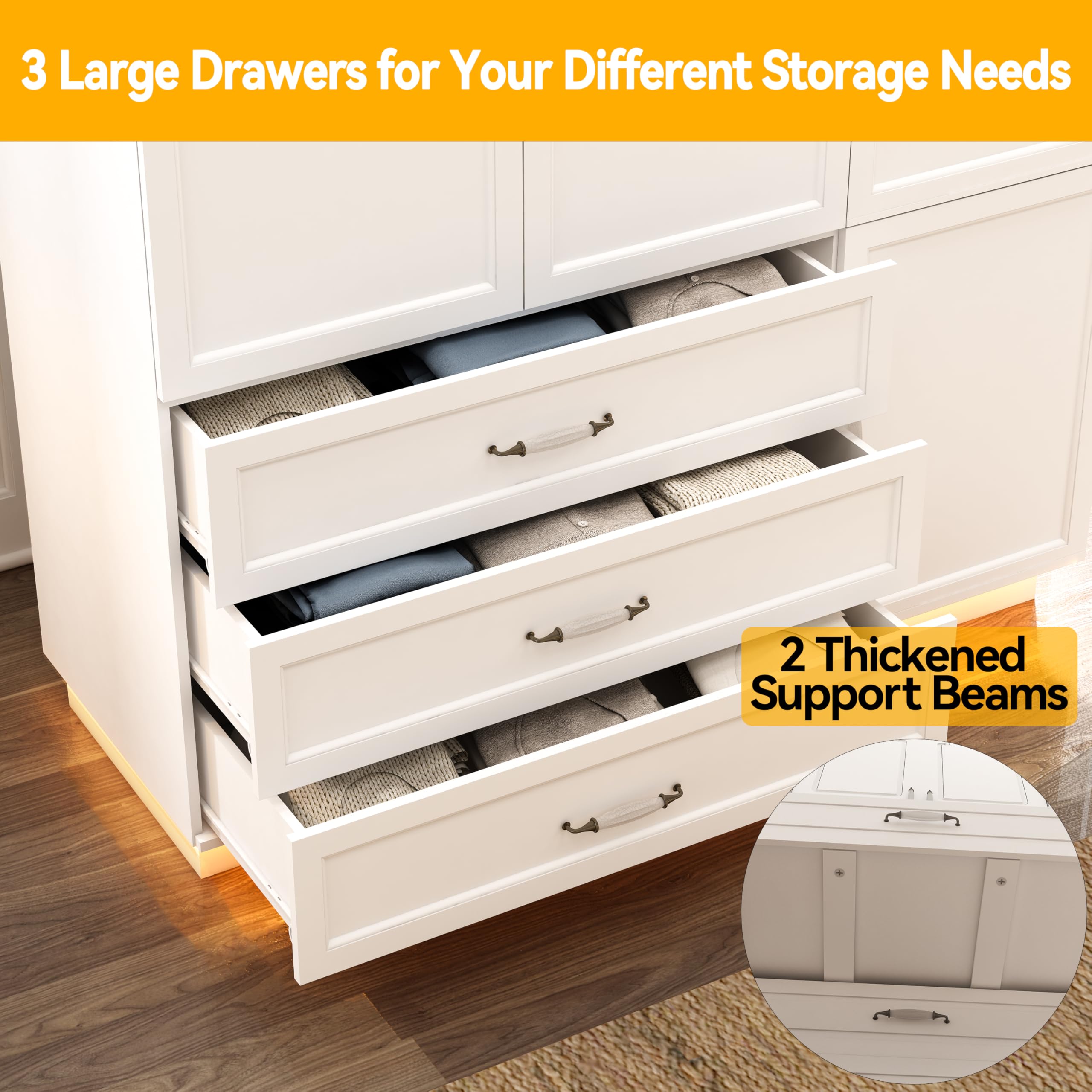 72" Armoire Wardrobe Closet with 3 Drawers and LED Light