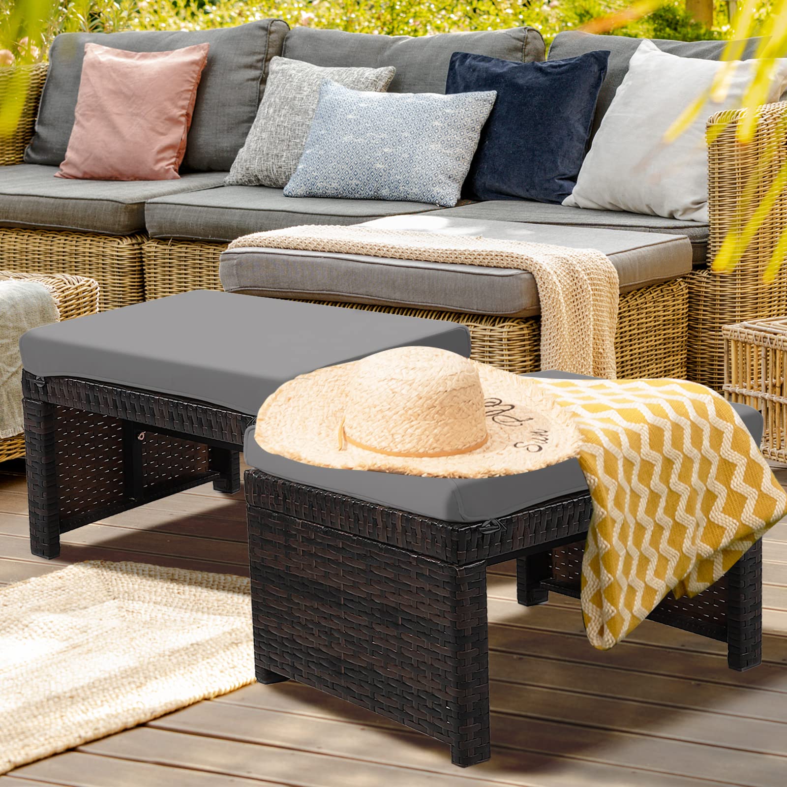 2 Piece Outdoor Wicker Ottomans with Cushions
