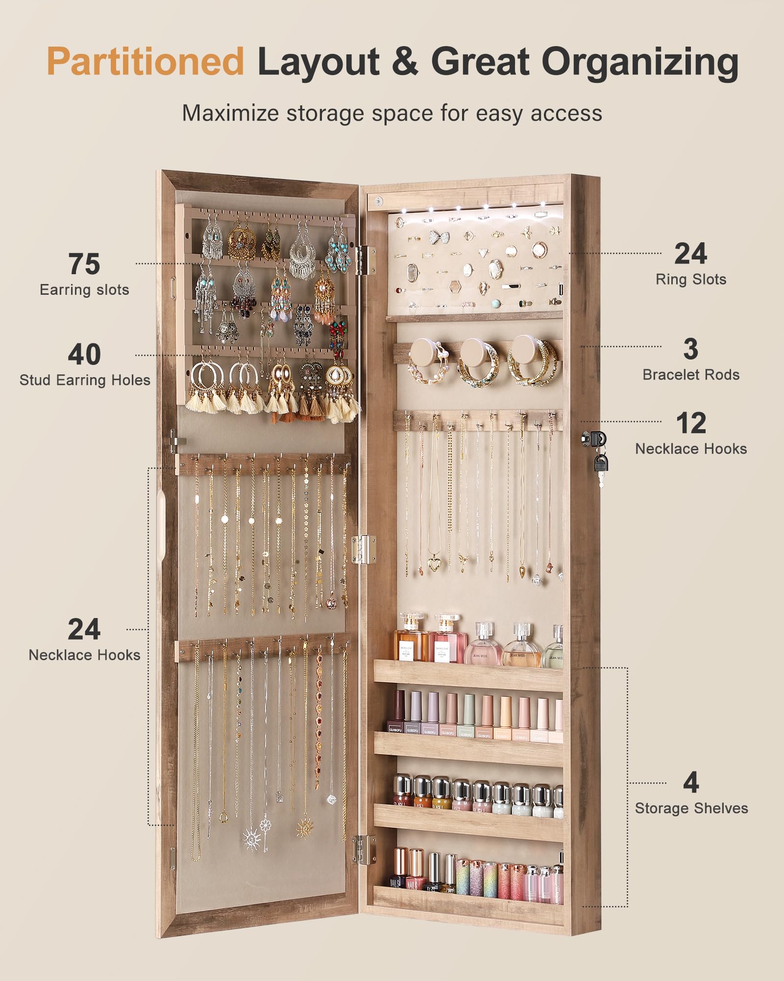 6 LED Mirror Jewelry Cabinet with Lock
