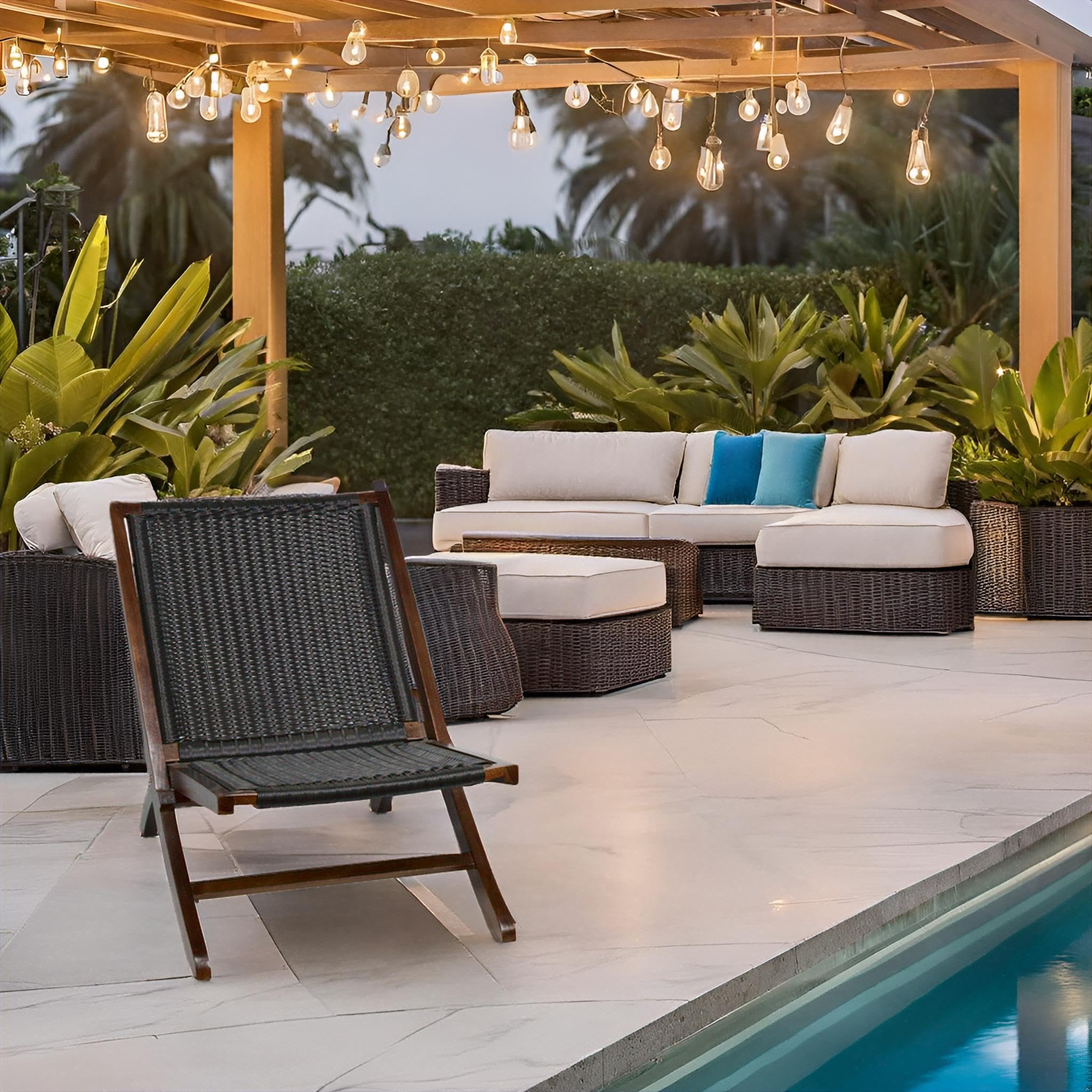 Teak Rattan Lounge Chair - Foldable Handcrafted Solid Wood Accent Chair