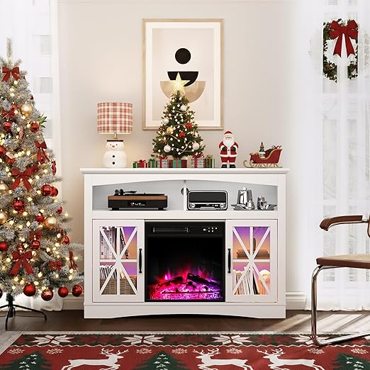 47" Farmhouse TV Stand with LED Lights and Glass Doors