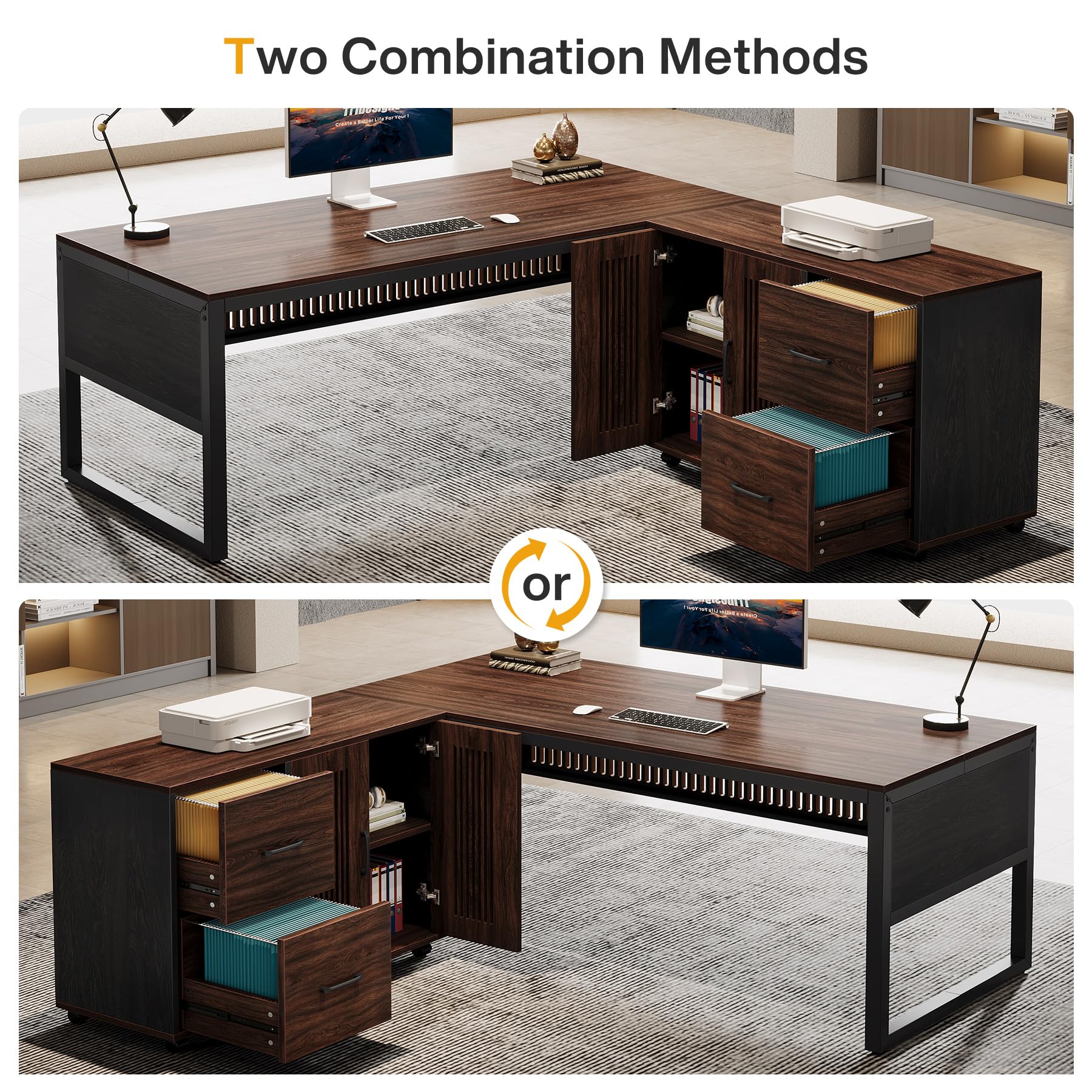 63-Inch L-Shaped Executive Desk with Mobile File Cabinet