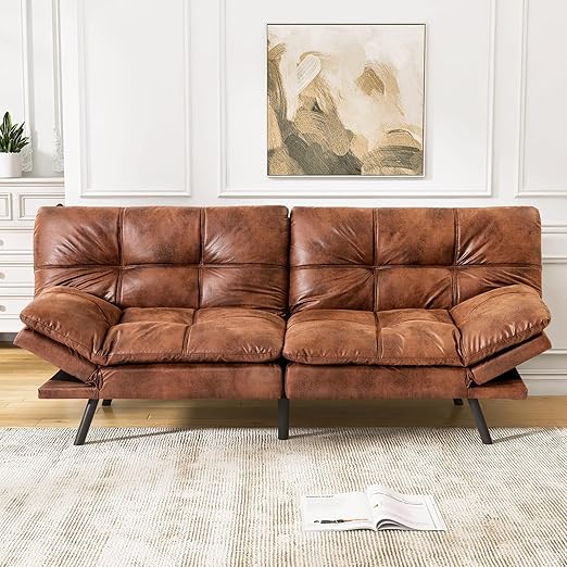 Convertible Faux Leather Futon Sofa Bed with Memory Foam