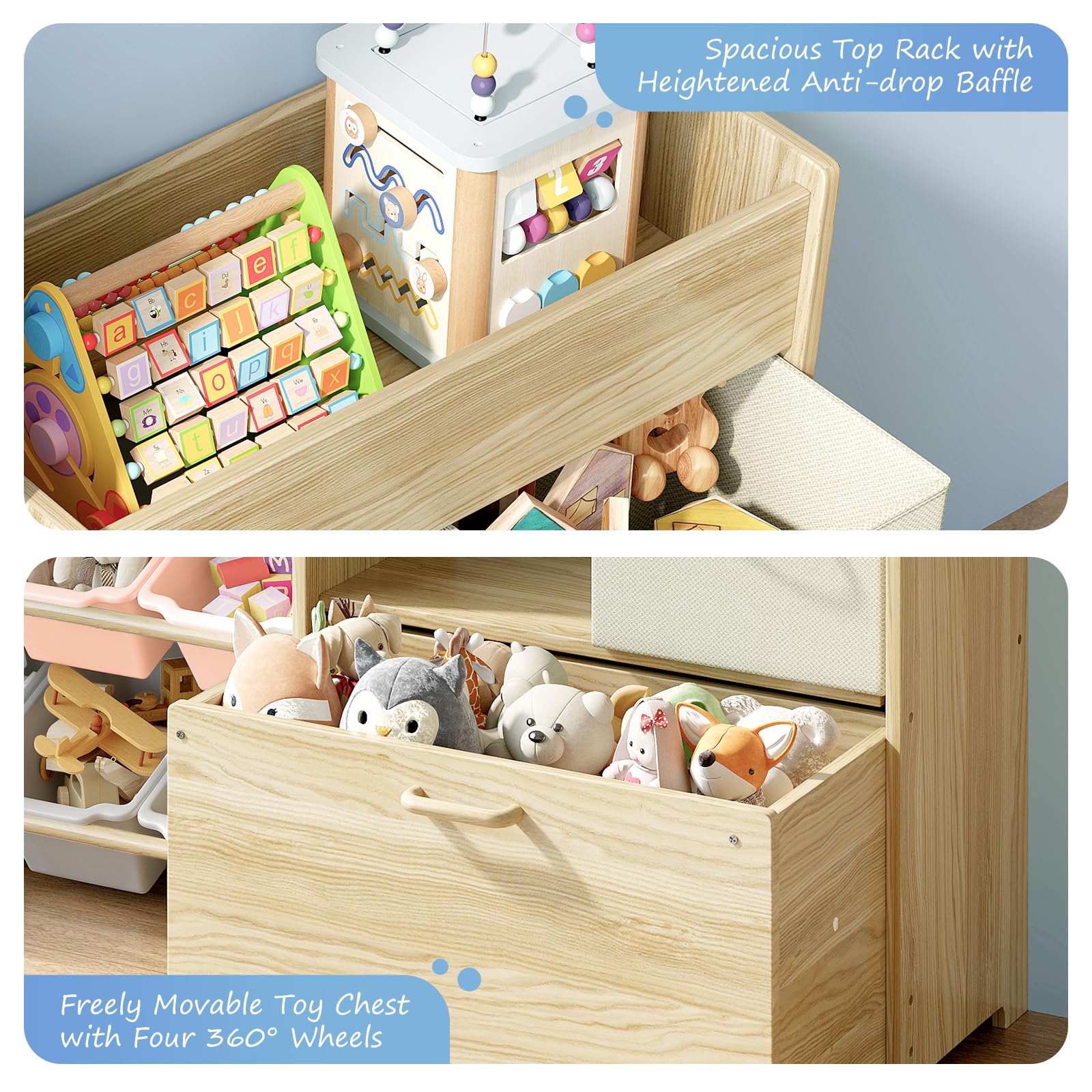 EXPERLAM Toy Storage Organizer for Kids, 9-Bin Toy Organizer with 2-Drawers,Movable Toy Chest and Top Rack, Kids Bookshelf and Toy Storage for Playroom, Bedroom, Nursery, Multi-Color