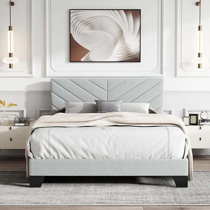 Queen Platform Bed Frame with Upholstered Headboard