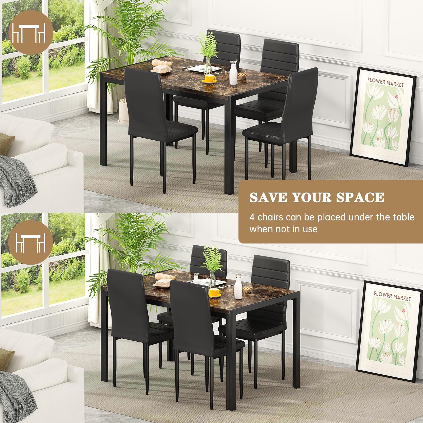 5-Piece Faux Marble Dining Table Set for 4