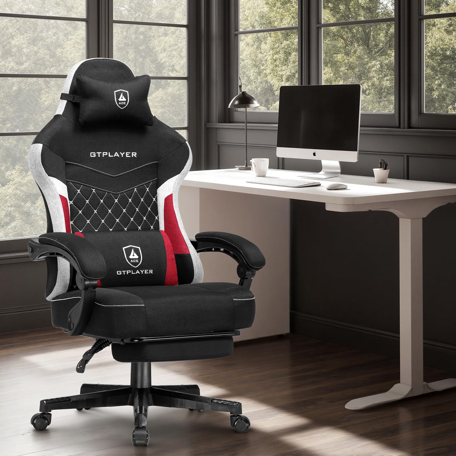 Fabric Gaming Chair with Pocket Spring Cushion and Adjustable Recliner